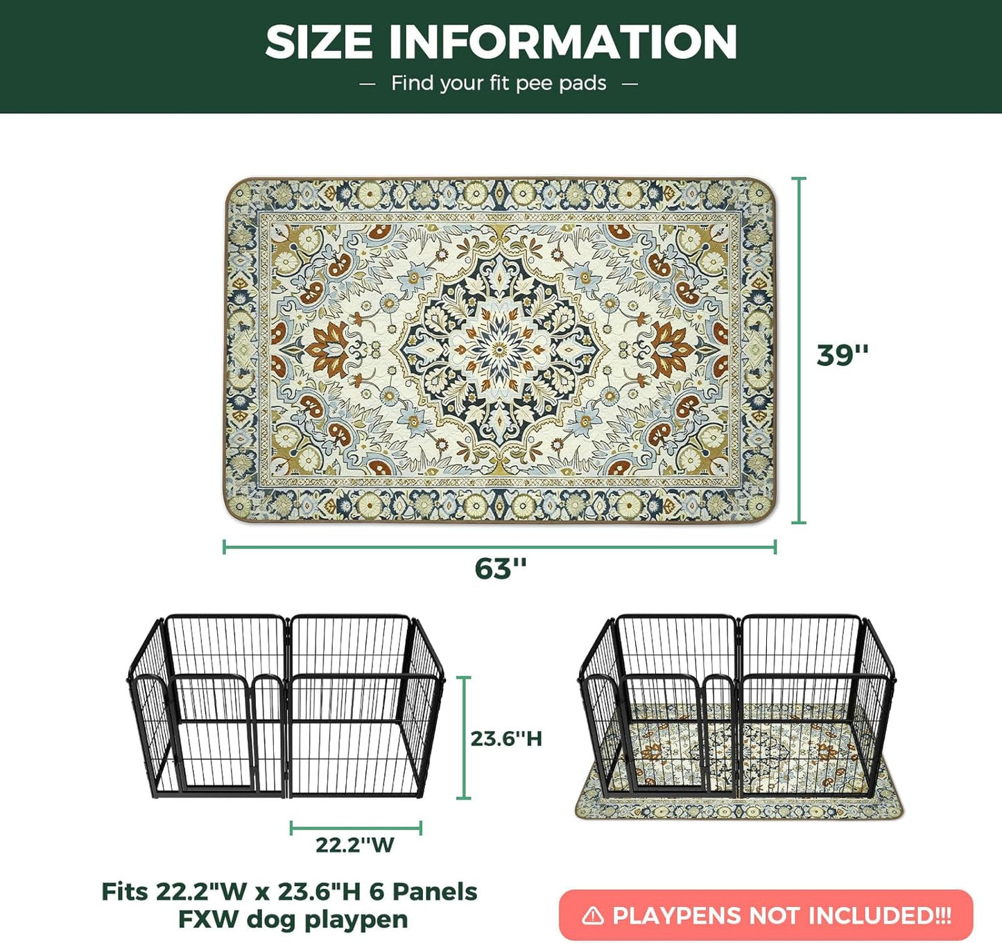 FXW Washable Pee Pads for Dogs, Puppy Pads with Super Absorbent, Specifically Designed for FXW Rollick/Homeplus 24inch 6 Panels Dog Playpen, 39" x 63" Rectangle, Khaki, 1 Pack