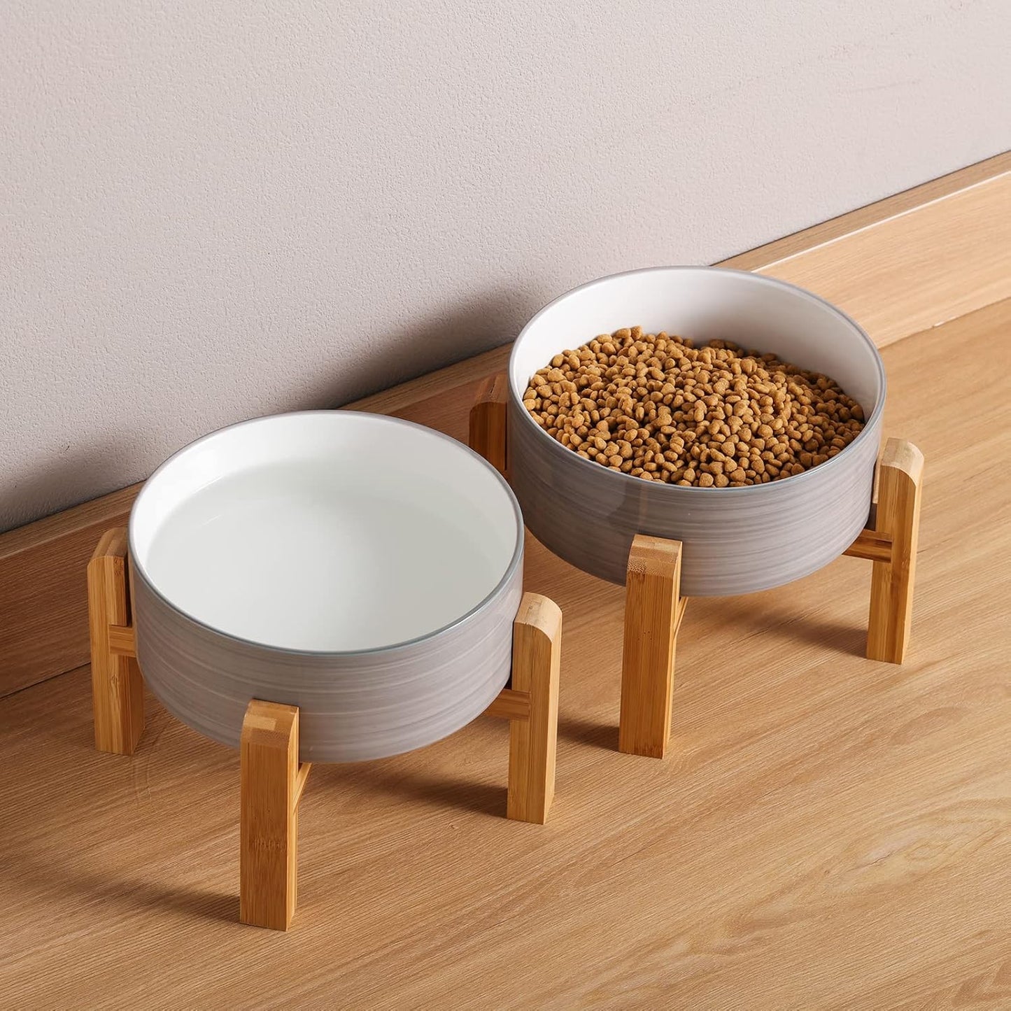 Black Elevated/Raised Dog Bowl Ceramic with Wood Stand for Medium Large Breed,Dog Food Water Dish Heavy Weighted,8 in Non Slip Modern Cute Porcelain Pet Bowl Extra Large