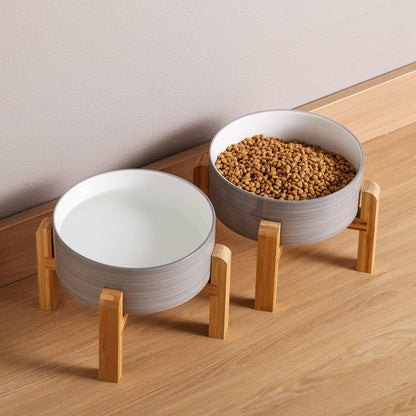 Black Elevated/Raised Dog Bowl Ceramic with Wood Stand for Medium Large Breed,Dog Food Water Dish Heavy Weighted,8 in Non Slip Modern Cute Porcelain Pet Bowl Extra Large