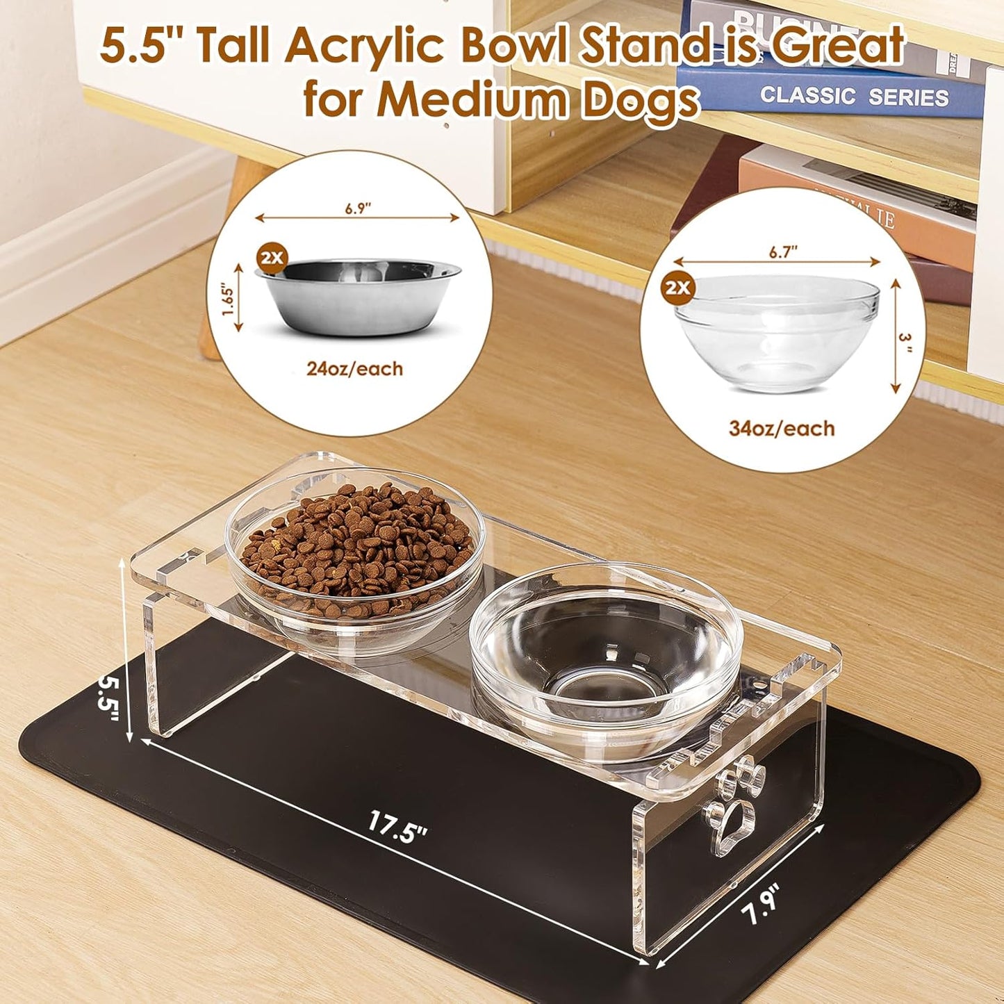 Elevated Dog & Cat Bowls – 3.75” Acrylic Raised Pet Feeder Stand with 2 Stainless Steel & 2 Glass Bowls – Food & Water Dish Set for Puppy/Small Dogs & Cats