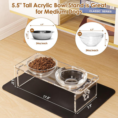 Elevated Dog & Cat Bowls – 3.75” Acrylic Raised Pet Feeder Stand with 2 Stainless Steel & 2 Glass Bowls – Food & Water Dish Set for Puppy/Small Dogs & Cats