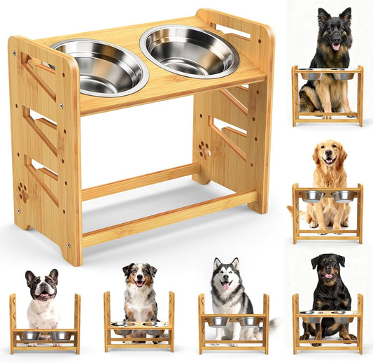 Elevated Dog Bowls, Adjustable Raised Dog Bowl Stand for Medium and Small Dog, 11" High Bamboo Pet Food Feeder with 2 Stainless Steel Dishes（4 Heights）
