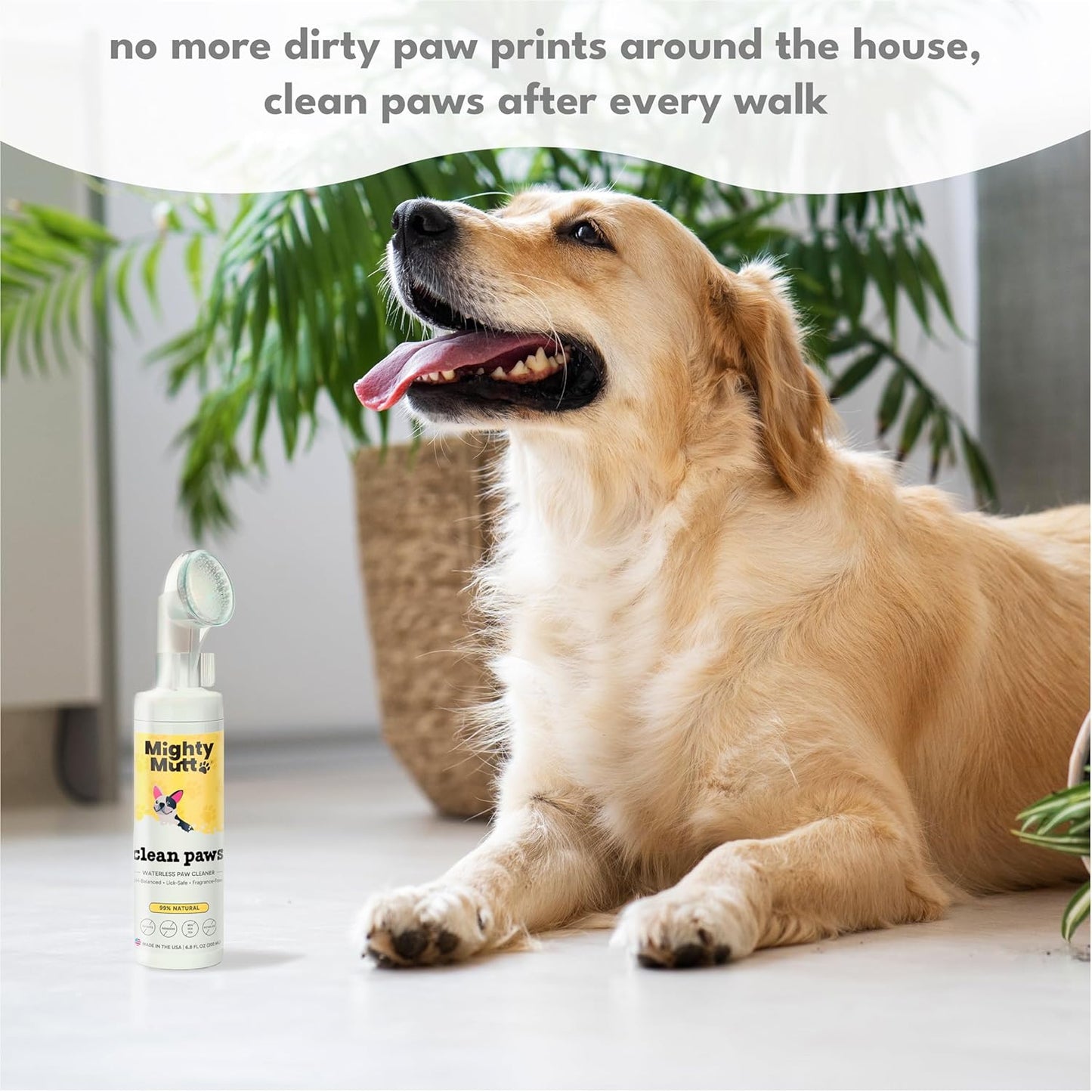 MIGHTY MUTT Waterless Dog Paw Cleaner - Made in USA, No-Rinse Foaming Cleanser with Brush, Gentle & Hypoallergenic, Natural & pH-Balanced, Fragrance-Free - 6.8 oz