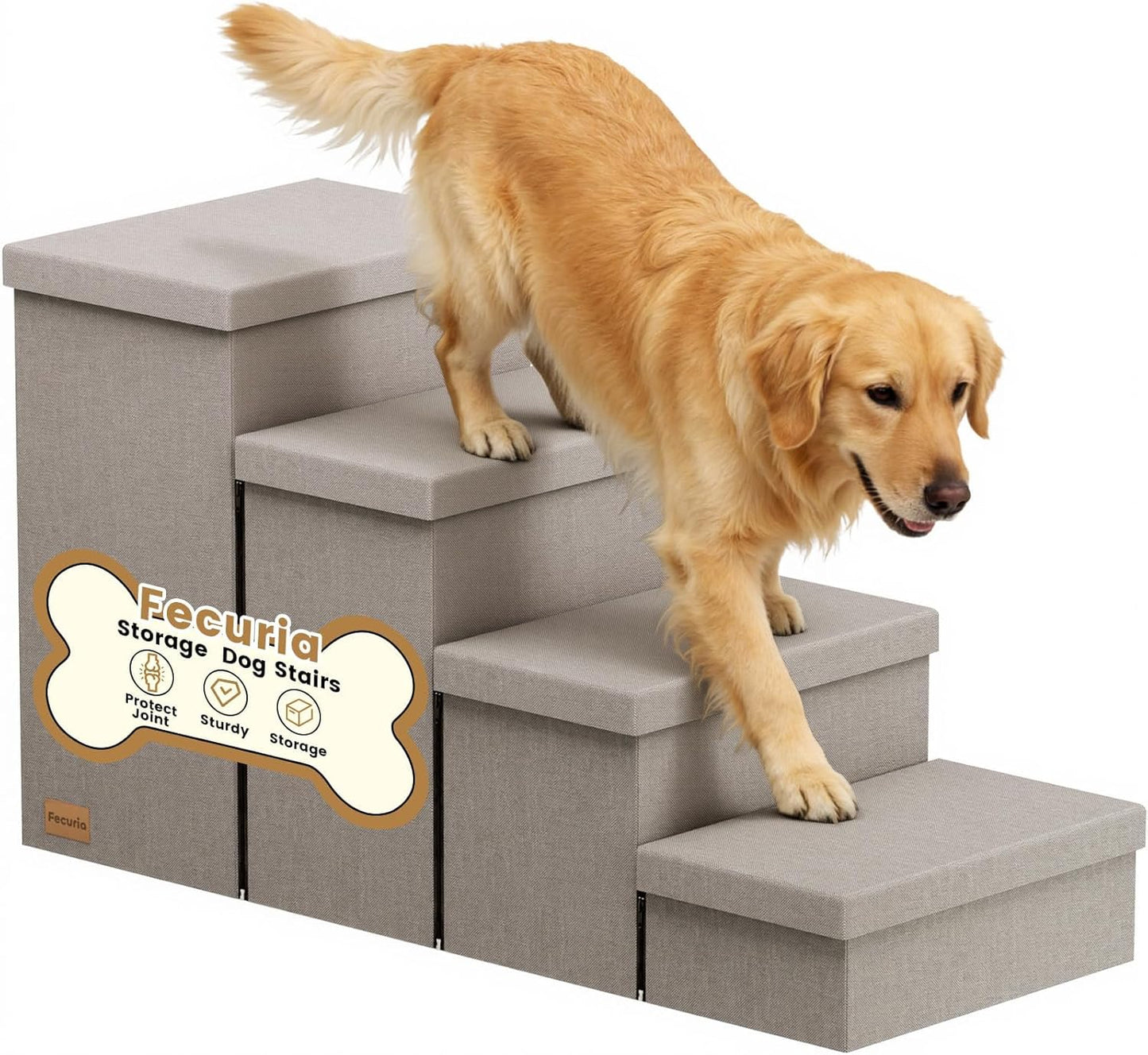3-Step Wide Dog Stairs with Hidden Storage 18" H, Non-Slip Dog Steps for High Bed Couch Window Car, Jiont-Friendly Pet Stairs Ramp for Small/Medium/Large Old Dogs Cats Up to 200lbs, Grey