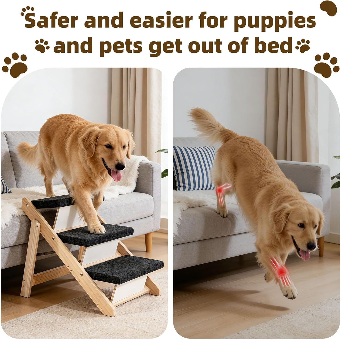 MEWANG Wood Pet Stairs & Ramp for Small/Medium Dogs and Cats, Aging Pets – 2-in-1 Foldable, Portable, Non-Slip Pet Ladder for Tall Beds, Couches,Cars–Holds Up to 220 lbs (17.3" L x 17.2" W x 13.0" H)