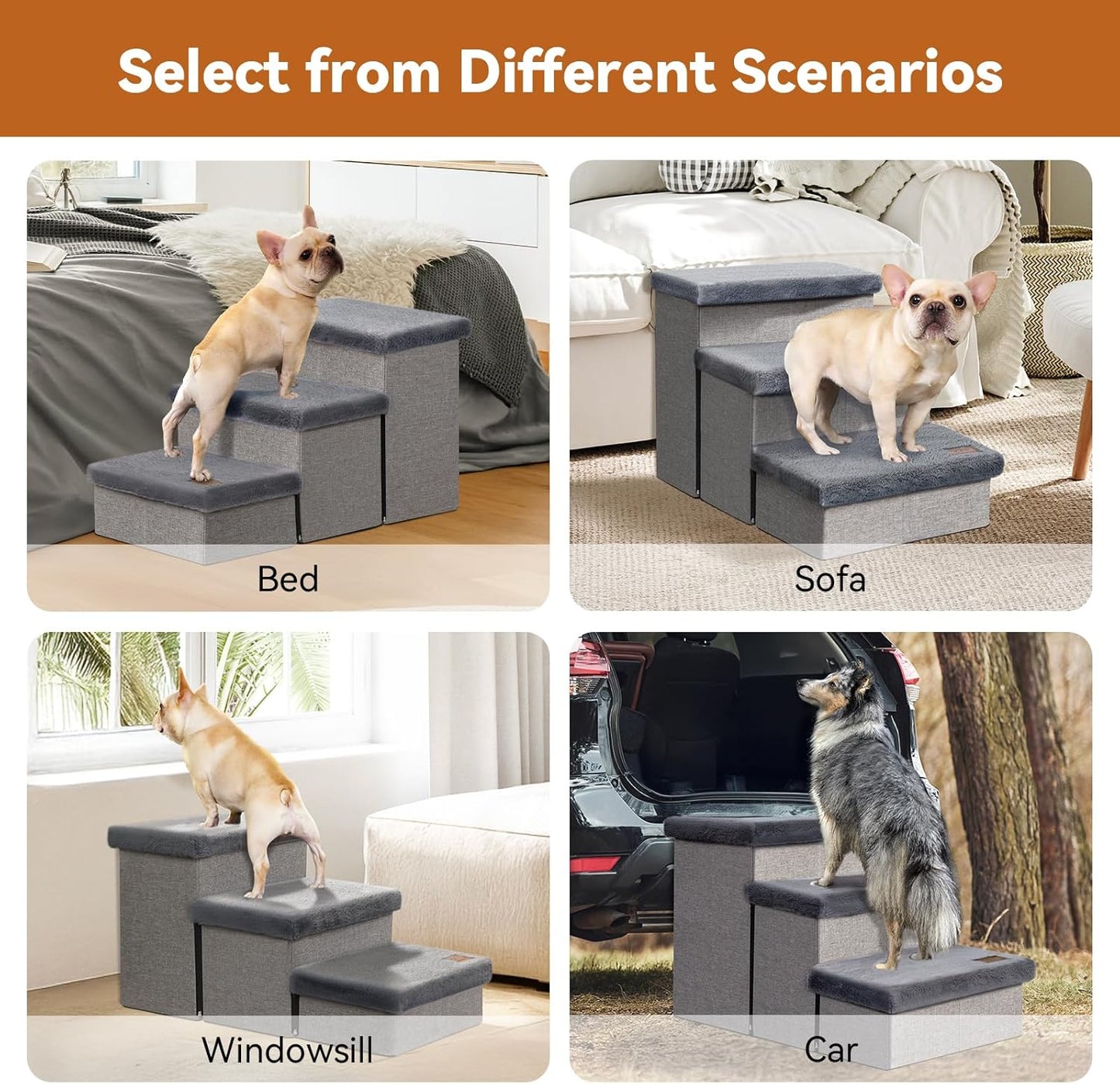 Zerbuger Wider Dog Ramp for High Bed with Storage 18" H, Foldable Dog Stairs for Small Medium Large Older Senior Animal, Sturdy Dog Step for Climbing Bed or Couch, Arthritis-Friendly (Gray, No Condo)