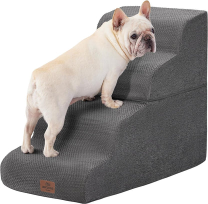 Joydeco Dog Stairs for Bed 17.1" H, 3-Step Pet Steps for Small Dogs and Cats, Dog Steps for High Bed, Non-Slip Balanced Ramp Indoor Pet Stairs, Beige