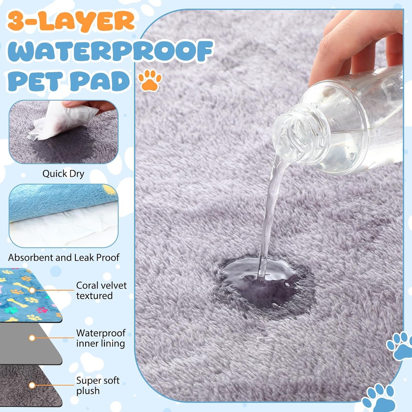 Tegeme 6 Pcs Waterproof Dog Blanket 24 x 16 Inch Paw Print Pet Blanket for Dogs Cats Puppy Washable Soft Fluffy Fleece Rug Flannel Throw Warm Sleep Mat for Kitten Doggy