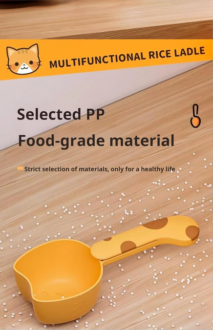 Pet Food Scoop with Measuring Scale, Long Handle Rice Scoop with Bag Clip, Multi-Purpose Measuring Cup for Dog Food, Cat Food, Rice, Grain, Kitchen Storage Scoop (Yellow)