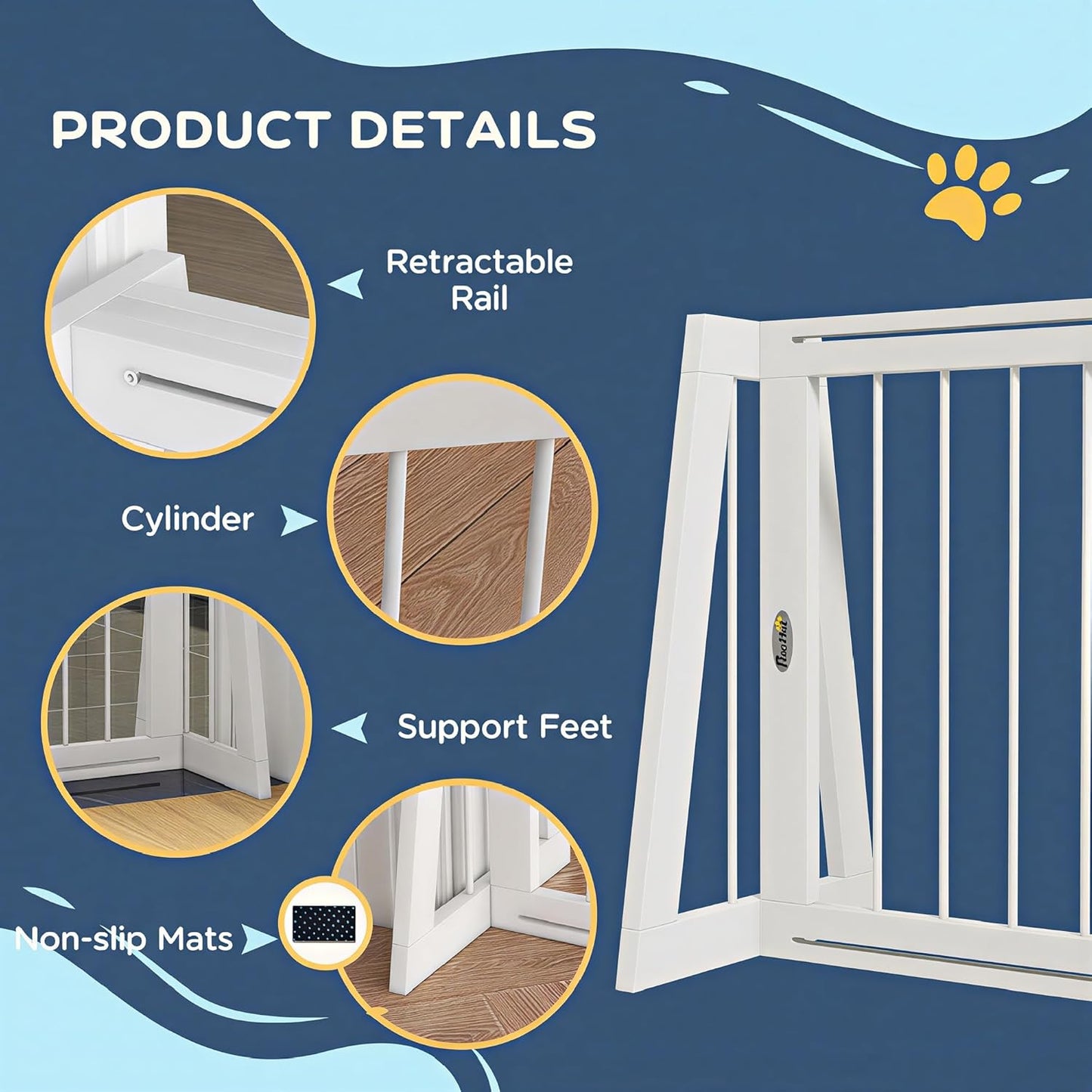 PawHut Freestanding Pet Gate, Wooden Dog Gate with 28"-75" Retractable Length, Support Feet, Non-Slip Mats, 3 Panel Pet Gate for Indoor, Stairway, Doorway, White