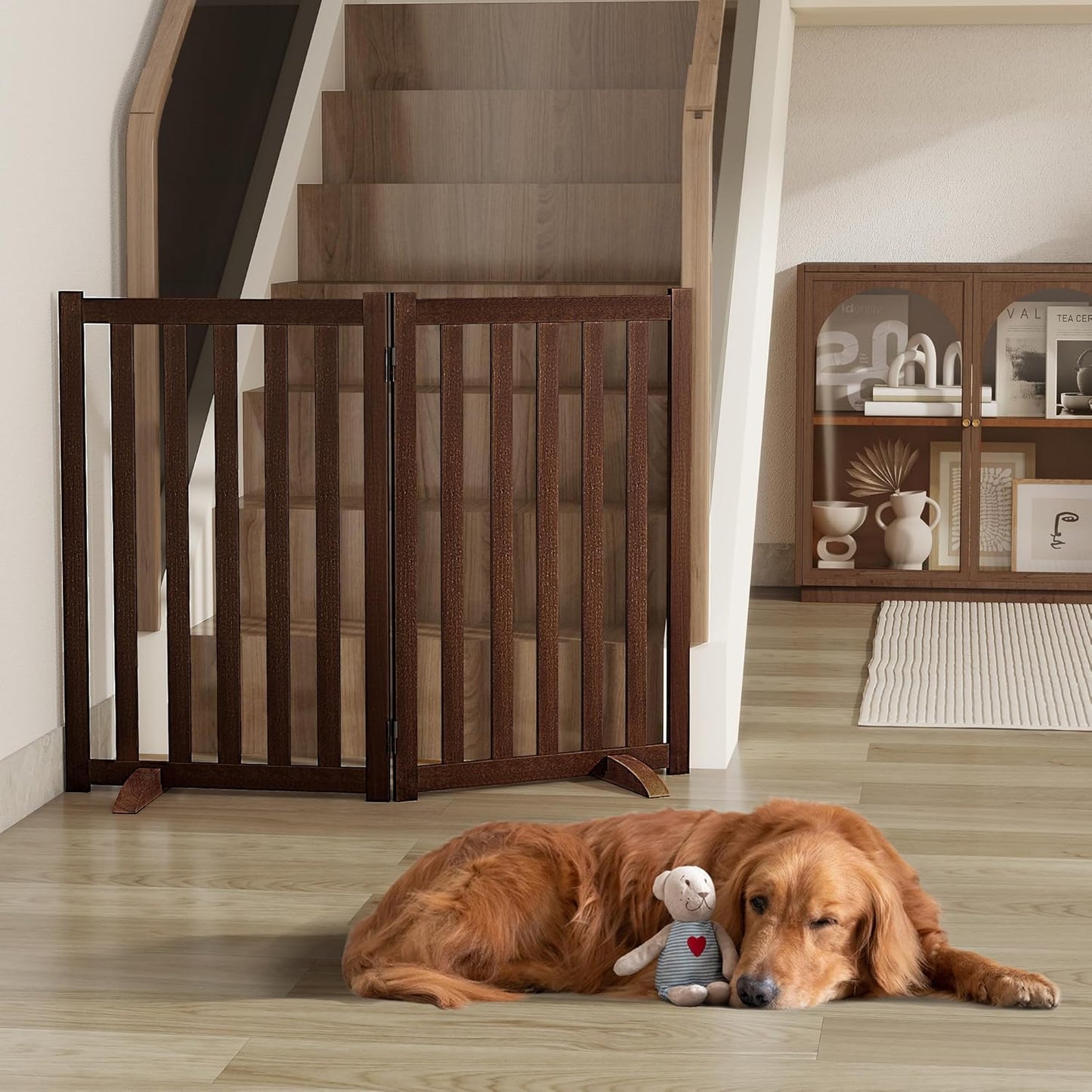 36" Height Extra Tall Freestanding Pet Gate, Solid Wood Folding Safety Fence Wooden Dog Gate with 2 PCs Support Feet Ideal for Stairs, Doorways, Halls, Kitchens, Heavy Duty Gates, 3 Panels, Oak