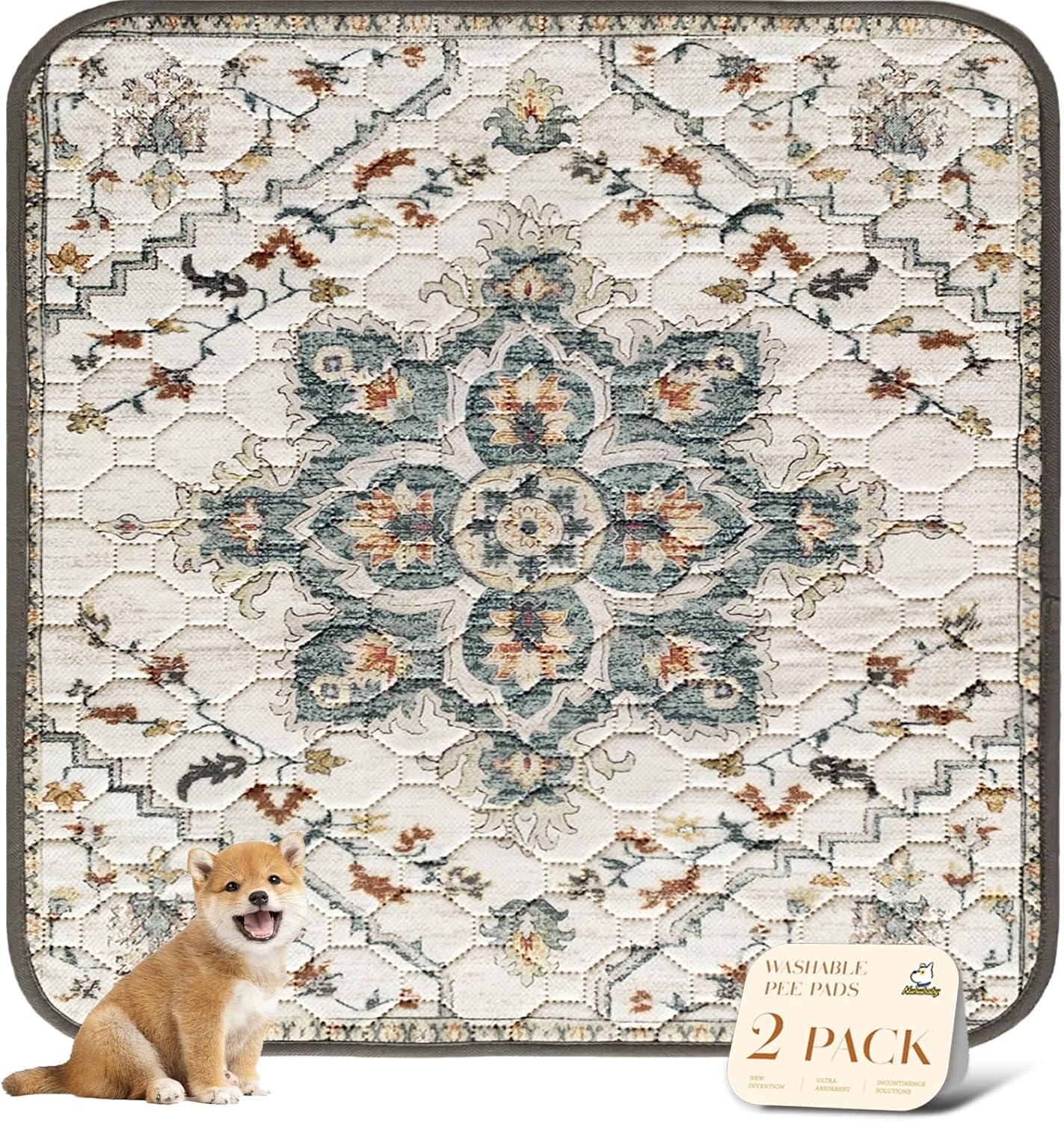 nunubaby Washable Pee Pads for Dogs, Stylish, Non-Slip and Leak-Proof Pee Pads. Reusable Potty Pads for Dogs for Crates and Floors.(Beige/Multi, 24" x48" )