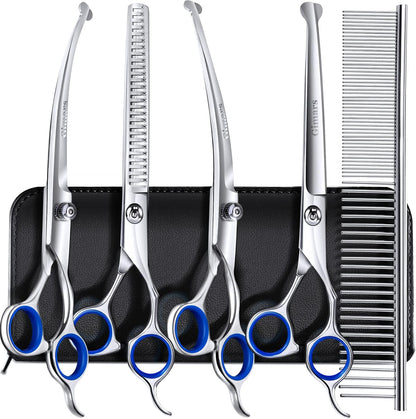 Gimars Titanium Coated Professional 6 in 1 4CR Stainless Steel Dog Grooming Scissors with Safety Round Tip, Heavy Duty Pet Grooming Scissor for Dogs, Cats and Other Animals