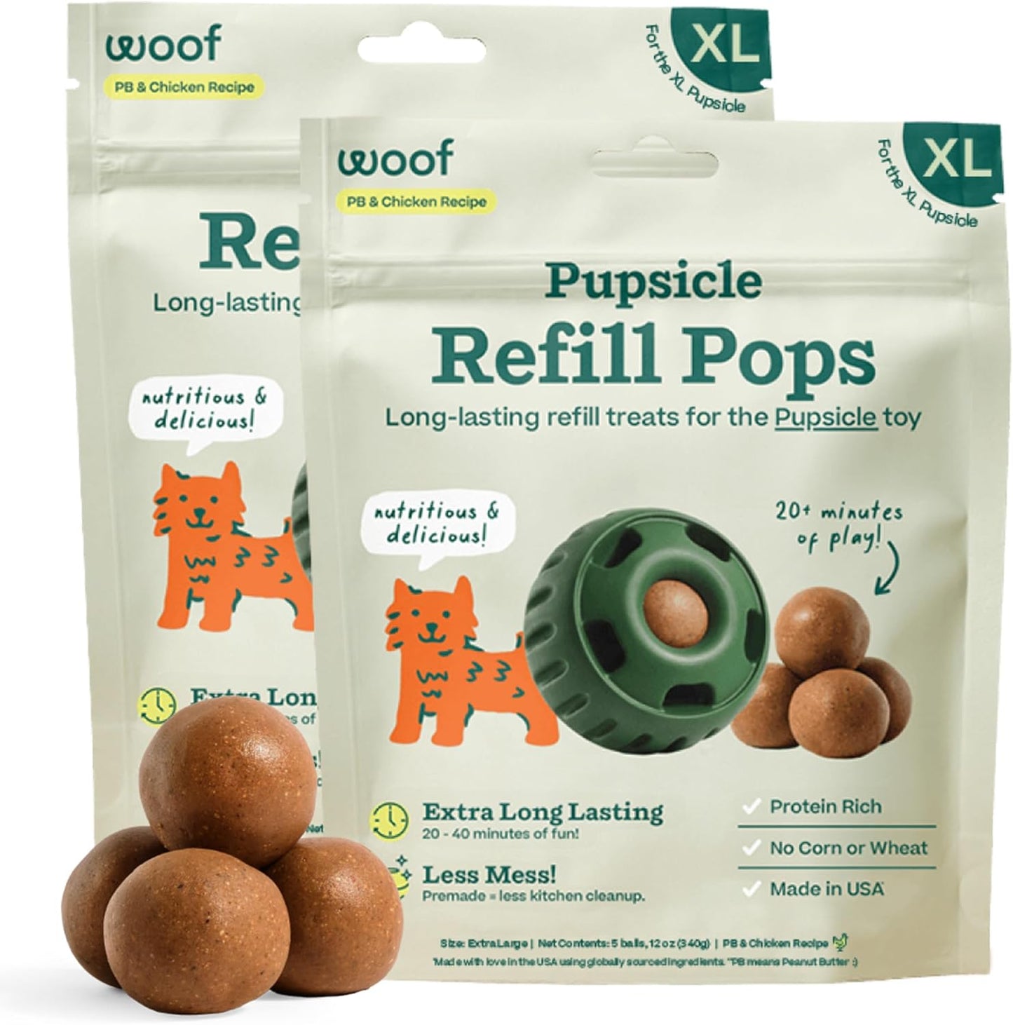 WOOF Pupsicle Refill Pops - Low-Mess Dog Snacks - with Peanut Butter and Beef - Dog Treats - Long Lasting - Large Pops - 7 Count