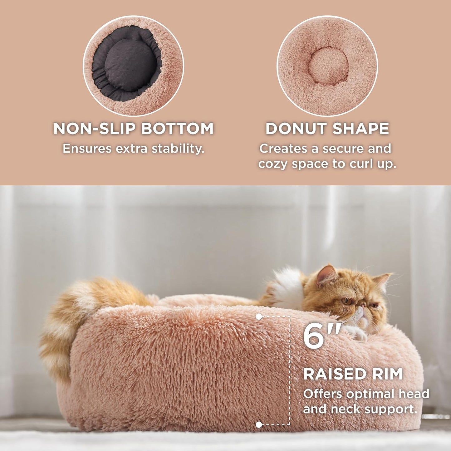 Bedsure Calming Dog Bed Medium Size Dog - Donut Washable Medium Pet Bed, 30 inches Anti-Slip Round Fluffy Plush Faux Fur Cat Bed, Fits up to 45 lbs Pets, Camel