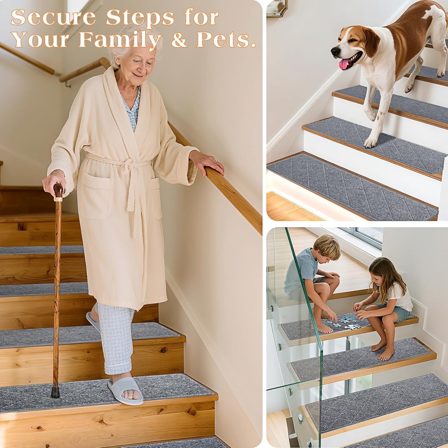 Stair Treads for Wooden Steps 15 PCS - 8’’ x 30’’, Non Slip Stair Runner, Machine Washable Stair Rugs Strips for Kids Pets and Elderly, Indoor Carpet for Stairs (Grey)