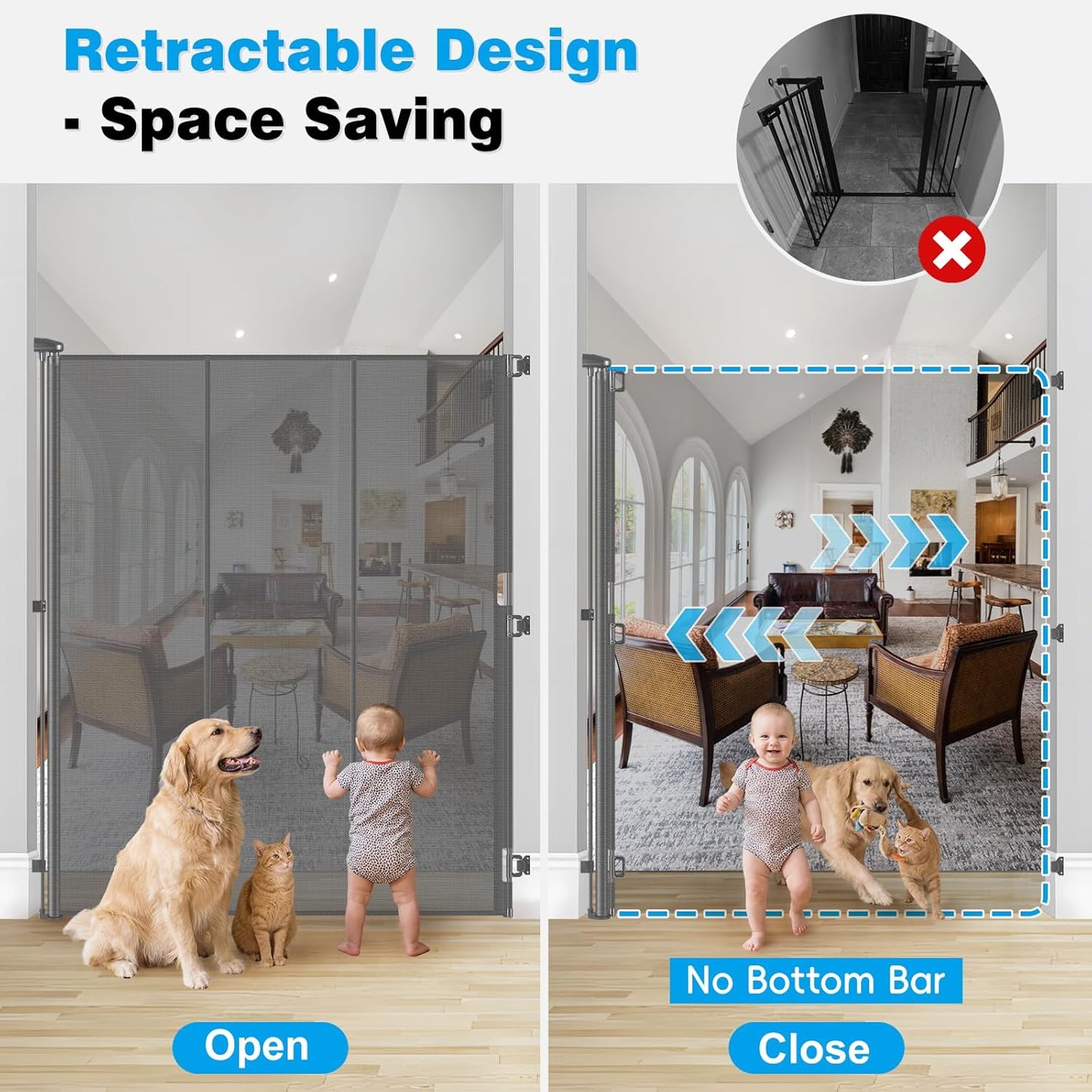 Reinforced 72" Extra Tall Pet Gate for Cat, Dog, Puppy & Baby, Jump-Resistant & Prevent Crawling Underneath Retractable Baby Gates, Fits 0-55" Width Safety Mesh Dog Gate, 6 Foot Extra Tall Cat Gate