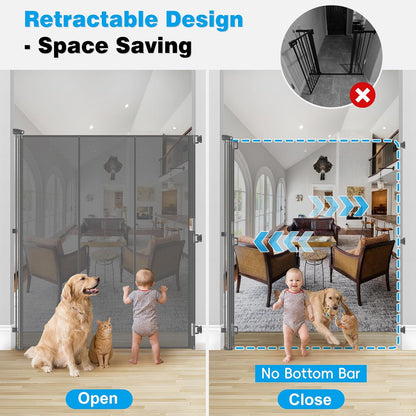 Reinforced 72" Extra Tall Pet Gate for Cat, Dog, Puppy & Baby, Jump-Resistant & Prevent Crawling Underneath Retractable Baby Gates, Fits 0-55" Width Safety Mesh Dog Gate, 6 Foot Extra Tall Cat Gate