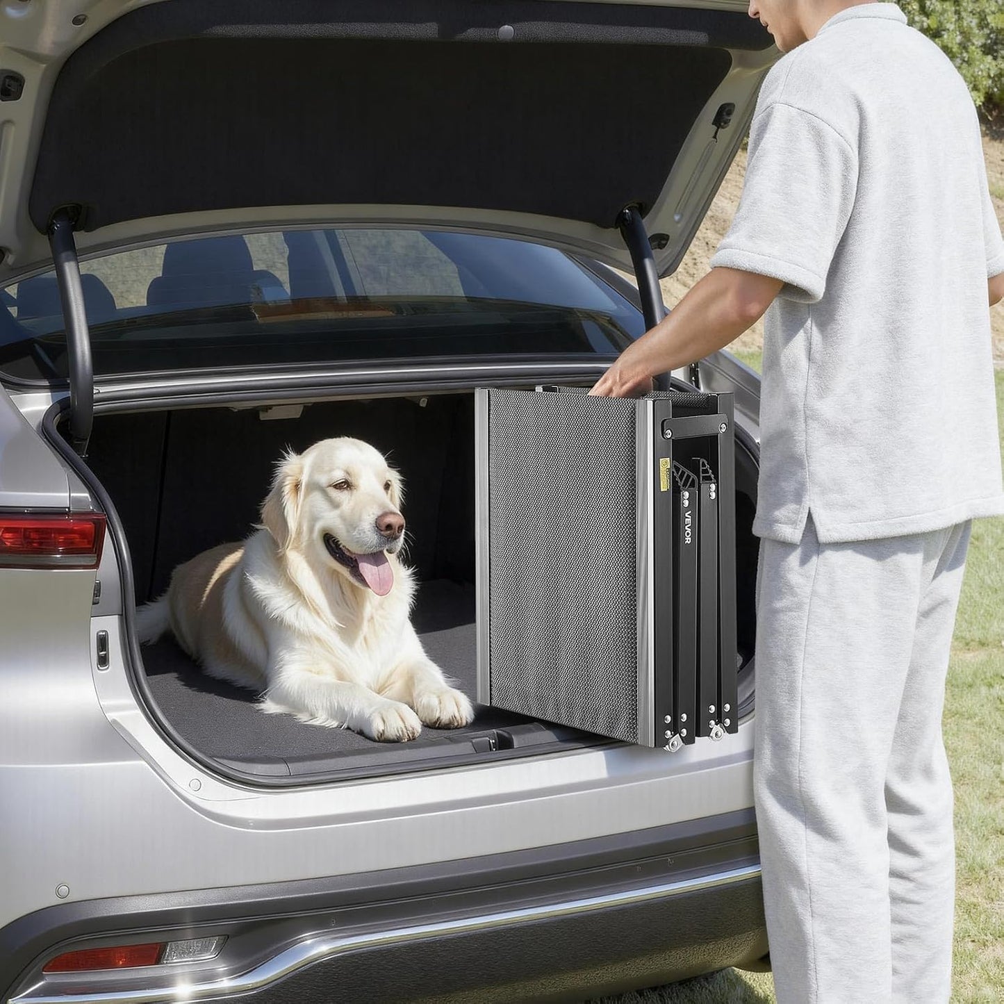 VEVOR Dog Ramp for Cars, 63" L x 17" W, Folding Pet Ramps for Medium & Large Dogs up to 250lbs, Pet Stair Ramp with Non-Slip Felt Rug Surface, Portable Outdoor Dog Car Ramps for SUV & Truck