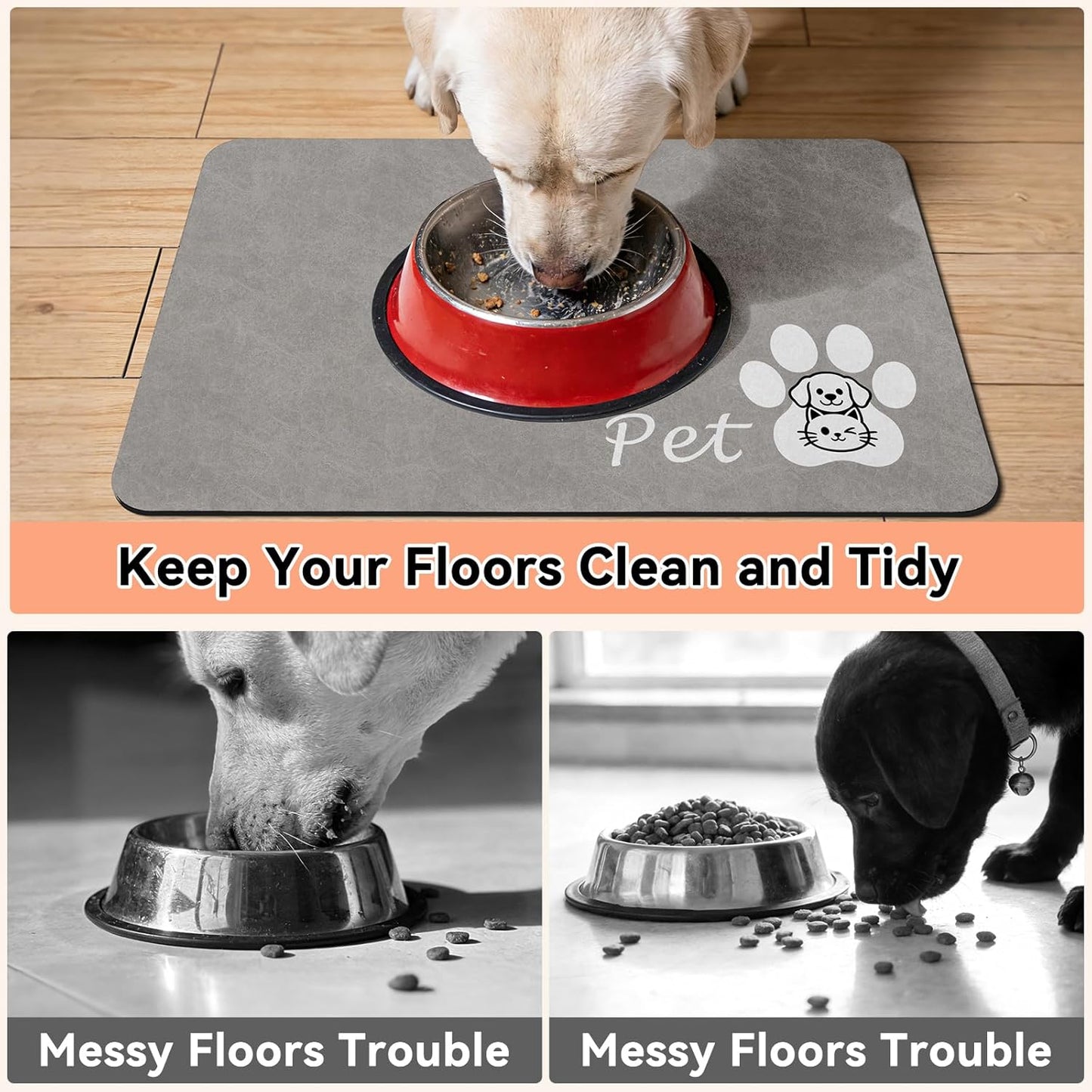 Dog Food Mat - Absorbent Cat Dog Bowl Mat for Food and Water, Quick Dry Pet Food Mats for Floors with Waterproof Rubber Backing, Puppy Cat Feeding Mats for Messy Drinkers,12"x20", Dark Grey