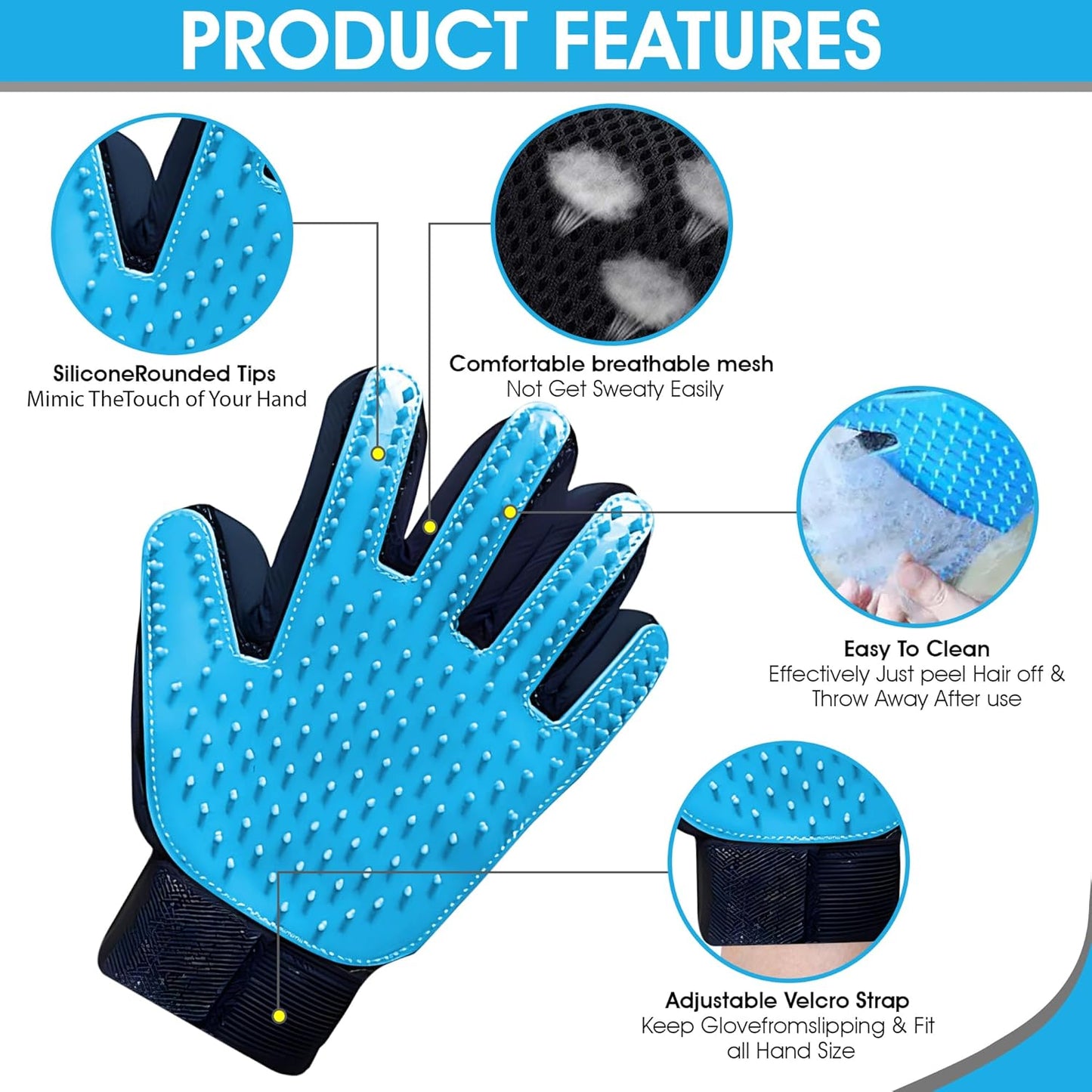 Upgrade Pet Grooming Gloves, Grooming Gloves for Dogs, Cats, Rabbits & Horses with Long and Short Hair, Efficient Pets Hair Remover Mittens - 1 Pair (Blue)
