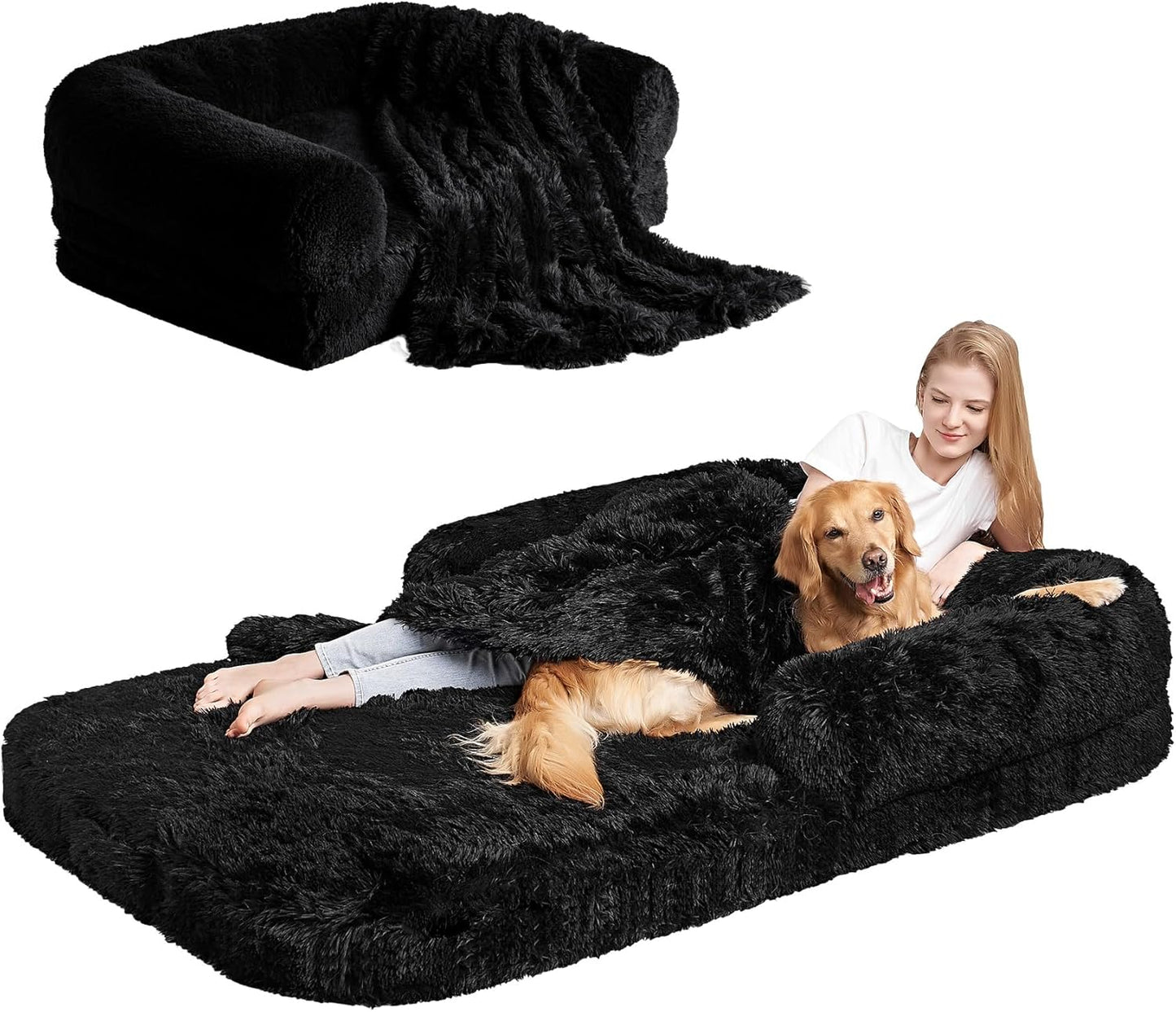 EHEYCIGA Foldable XXL Dog Bed for Large Sized Dog, 54"x38"x7.5" Faux Fur Fluffy Pet Couch Bed, Orthopedic Calming Memory Foam Big Pet Bed, Washable Pet Sofa Bed with Non-Slip Bottom, Dark Grey