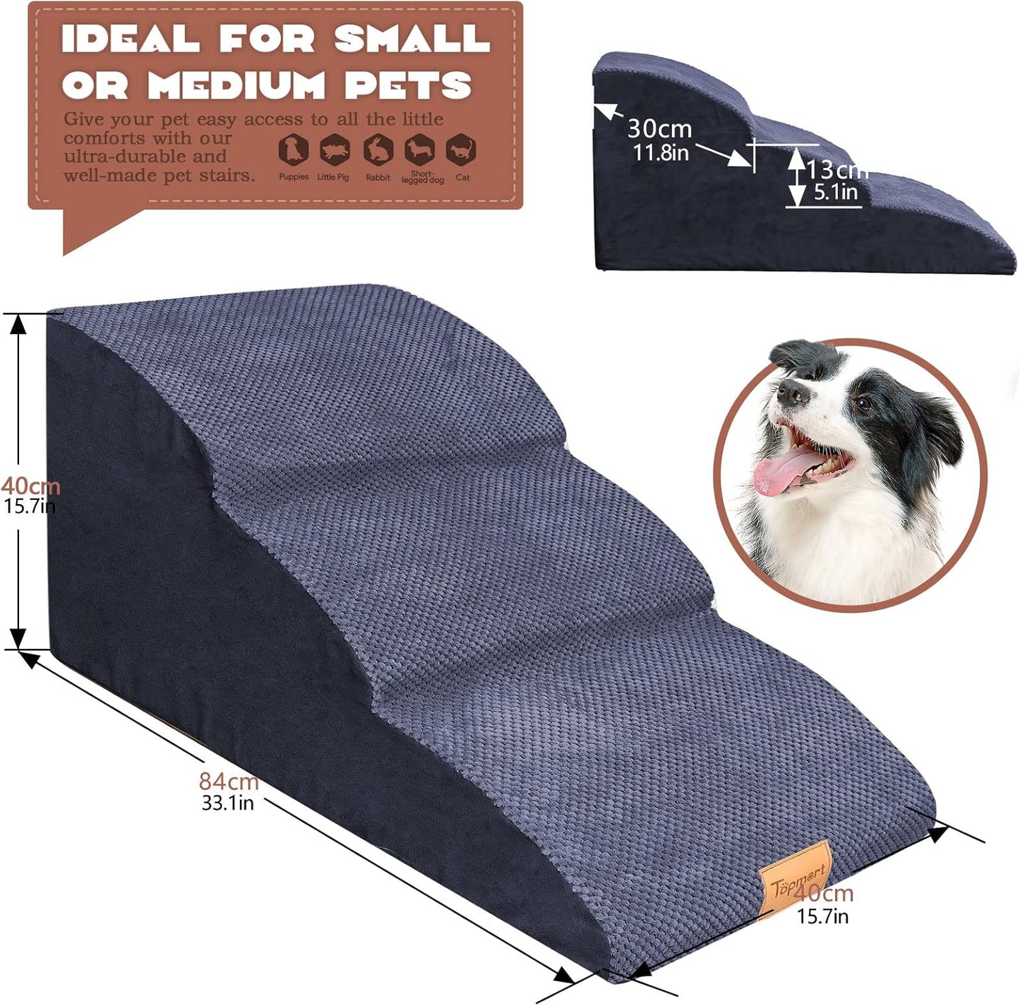 Topmart High Density Extended Foam Dog Ramp&Steps 2 Tiers,11.8" High,Non-Slip Dog Stairs,Soft Foam Pet Ladder with Removable Cover,Best for Injured,Older Cats,Pets with Joint Pain