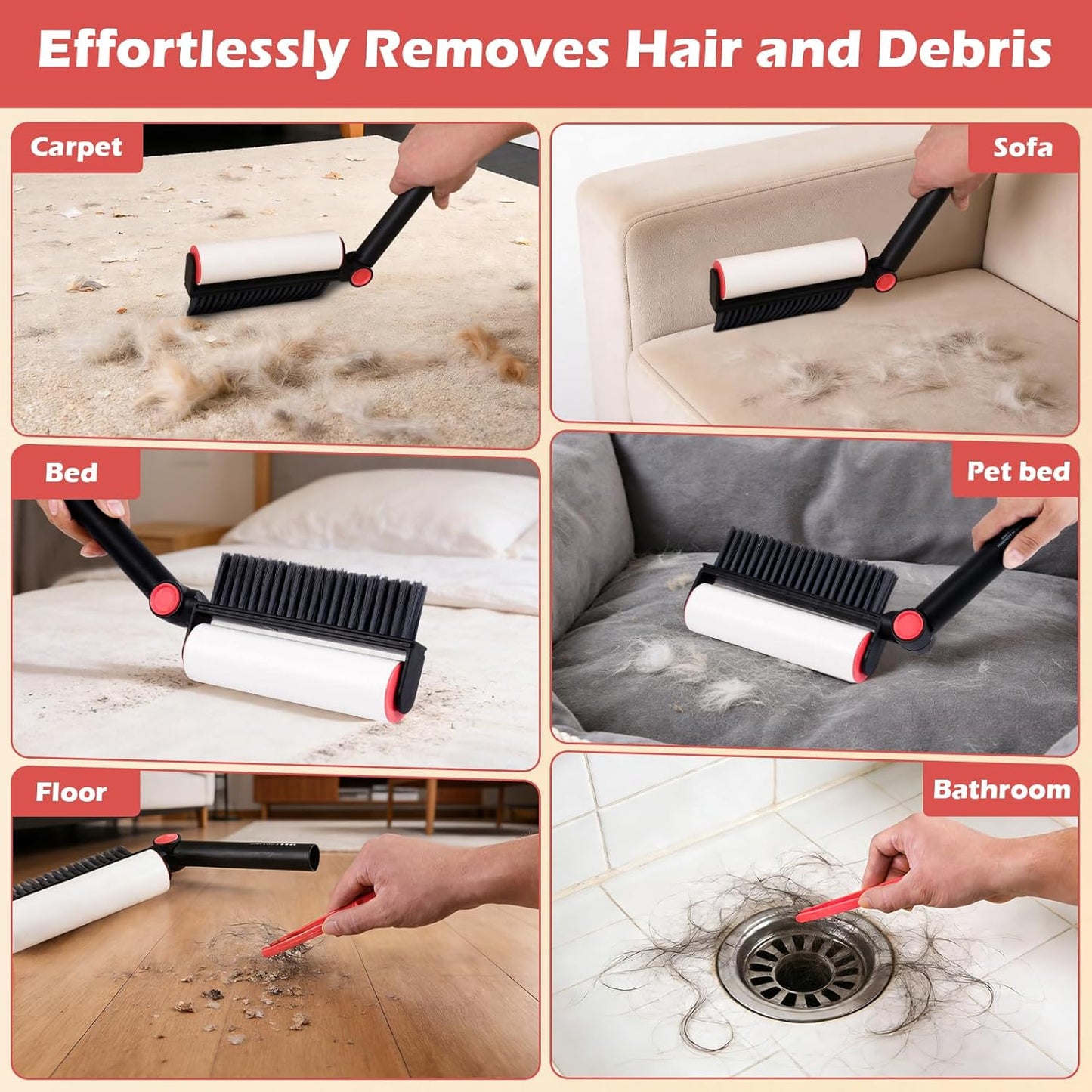 3-in-1 Pet Hair Remover Tool: Soft Dust Brush, Lint Roller for Clothes & Bench Brush with 180° Adjustable Handle, Pet Hair Removal for Dog/Cat Hair on Clothes, Bed, Sofa (2-pack lint roller, One Size)