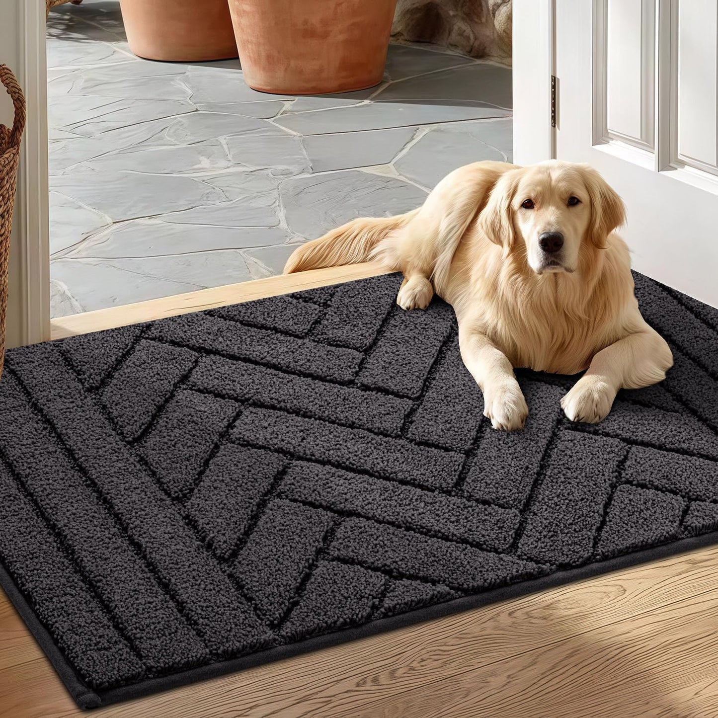 Tindbea Dog Mat for Mud Paws,Absorbs Moisture Dirt Non-Slip Washable Mud Mat for Dogs,Soft Rubber Backing Front Inside Pet Rug for Entryway, Dog Paws, Patio(20"x48",Charcoal)