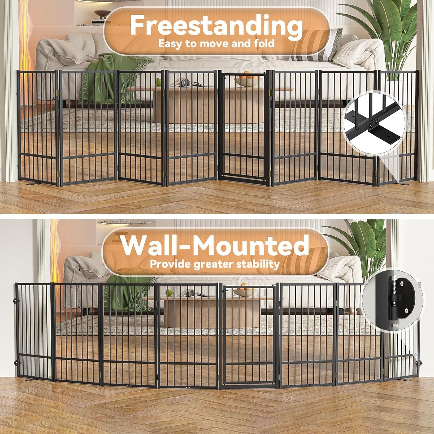 SNUOWU Full Metal Freestanding Dog Gate with Door, 32''Height Foldable Pet Dog Fence for Indoor & Outdoor, 4 Panels Extra Wide Free Standing TallDog Gates for Doorways,House,Stairs,Porch,Deck,Yard