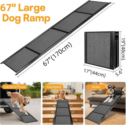Dog Ramps for Large Pets, 67" L & 17" W Extra Wide Foldable Aluminum Pet Ramp with Waterproof & Non-Slip Rug Surface, Up to 250lbs for Giant Dogs for SUV, Truck, Bed, Stairs, Indoor & Outdoor
