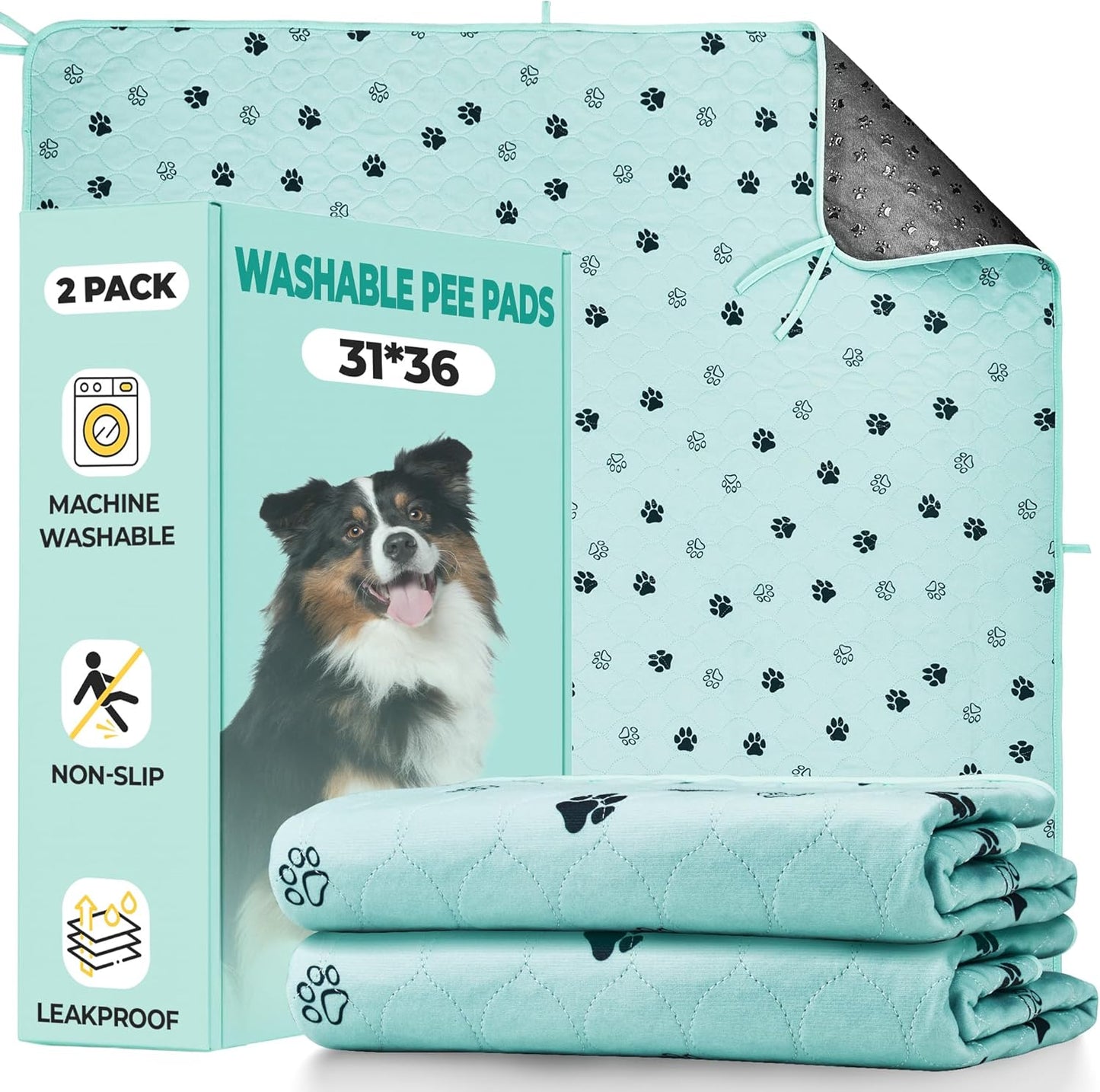 Fostanfly Washable Pee Pads for Dogs, 2 Pack Large 36"x41" Ultra-Absorbent and Leak-Proof Non-Slip Reusable Potty Training Pads for Dogs, Cats, Puppy, Potty Training of Add 8 Lanyards