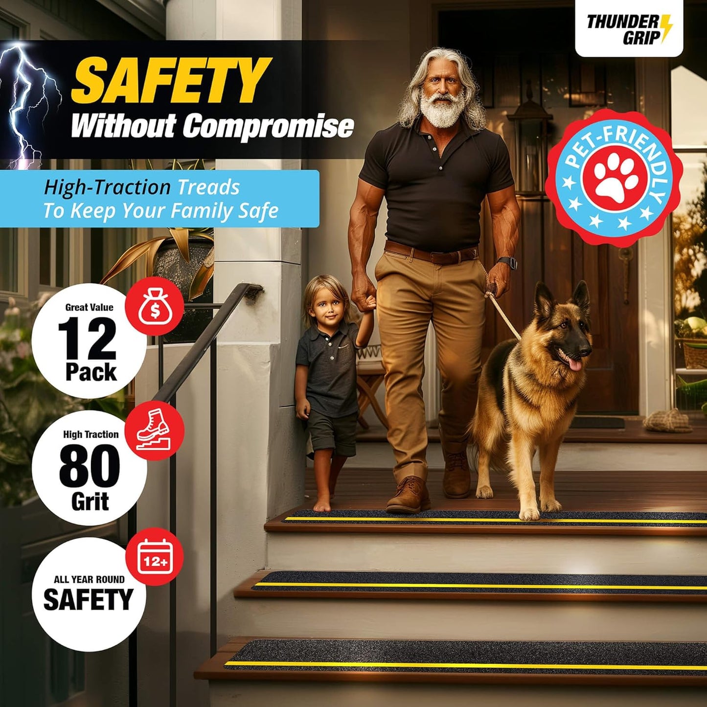 THUNDER GRIP Glow in the Dark 30" x 6"-12-Pack Weather Resistant Outdoor Stair Treads 80-Grit