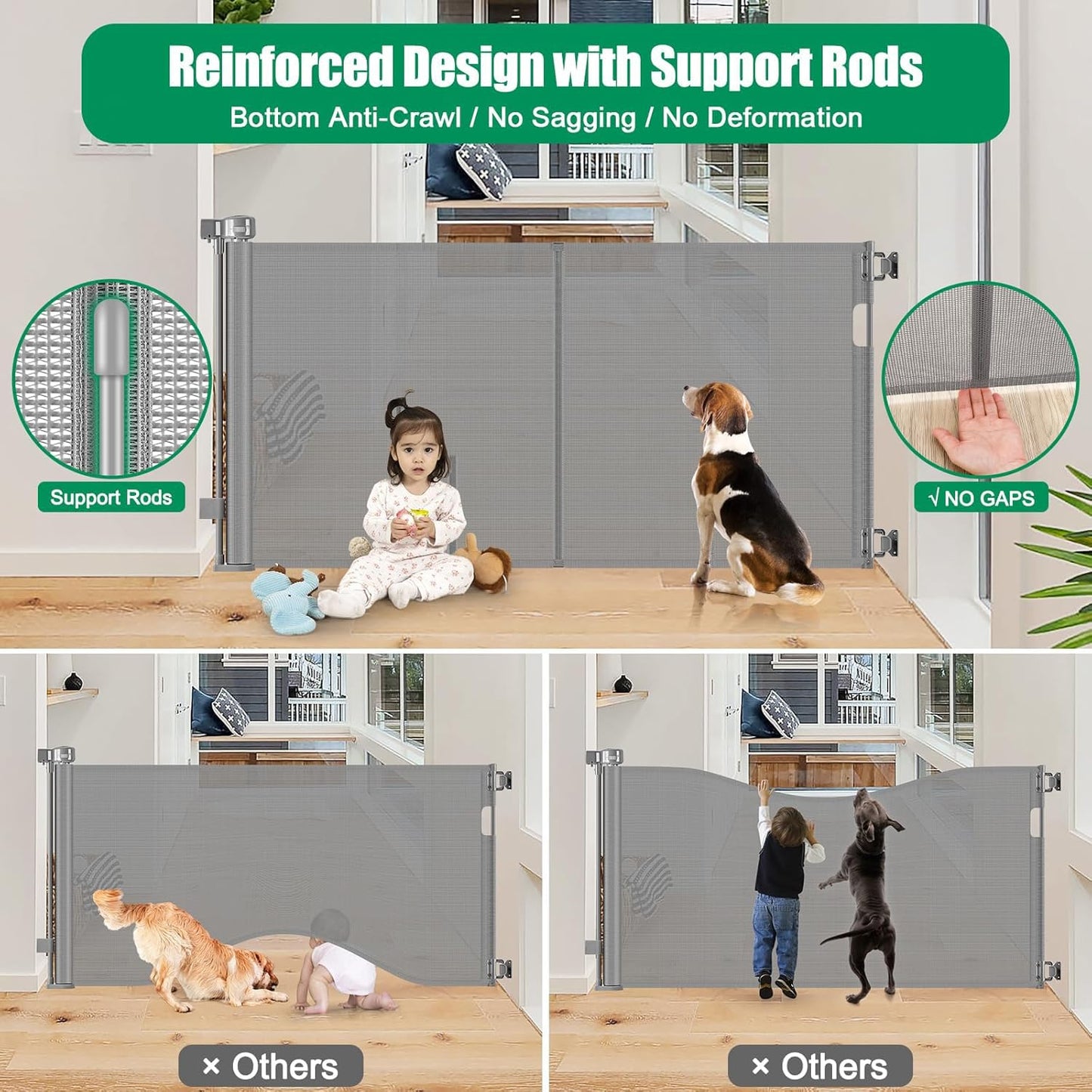 Reinforced 85 Inch Wide Retractable Dog Gate Extra Long Baby Gate with Support Rods – Prevent Crawling Under, Indoor Extra Wide Retractable Baby Gate Retractable Gate Outdoor Gates for Decks, White