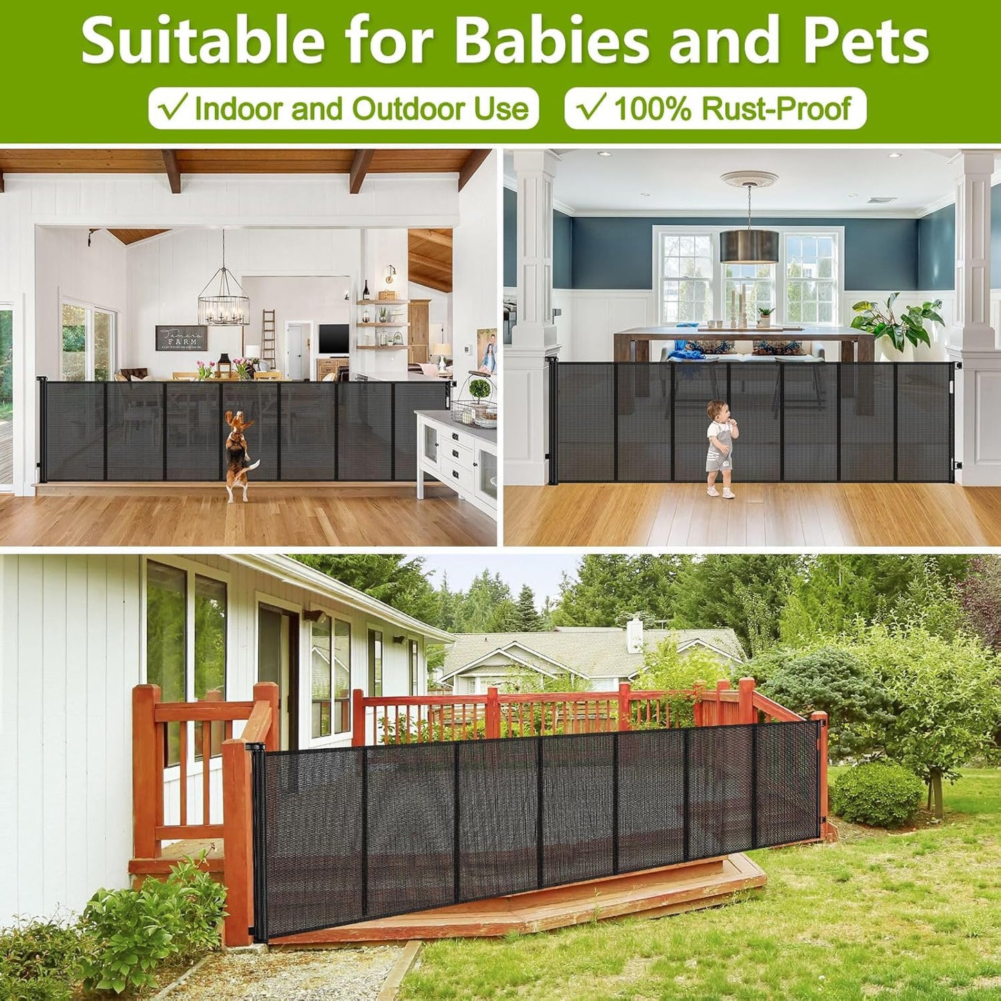 Reinforced 42" Tall Retractable Dog Gate, 155" Extra Long Retractable Baby Gate with Support Rods - Prevent Crawling Under, Indoor/Outdoor Retractable Gate Extra Tall Baby Gate Retractable Fence/Black
