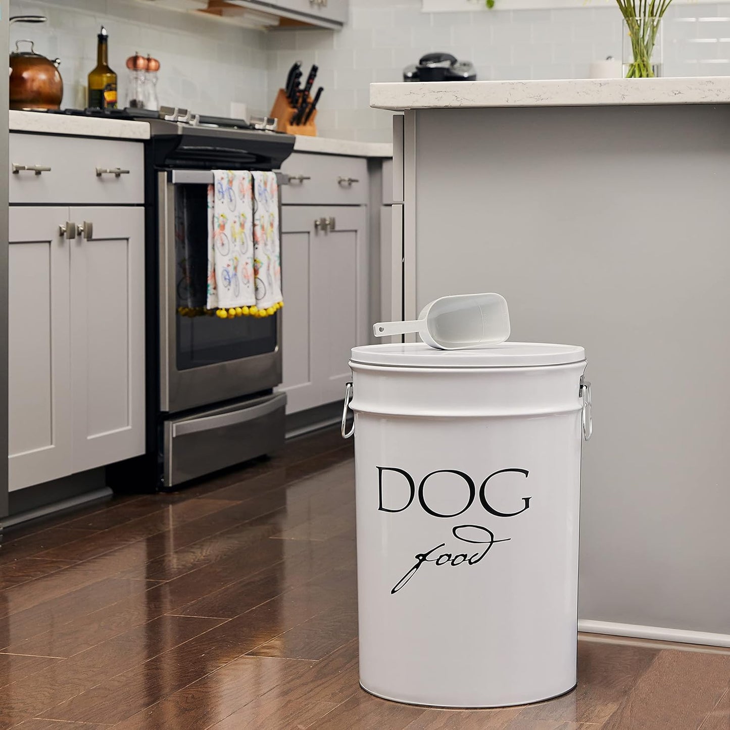 Harry Barker Bon Chien Dog Food Storage Canister – Large 11 gallon, Airtight Stainless Steel Pet Food Container, Stylish Kitchen Counter Dog Kibble Storage with Easy-Open Lid - White