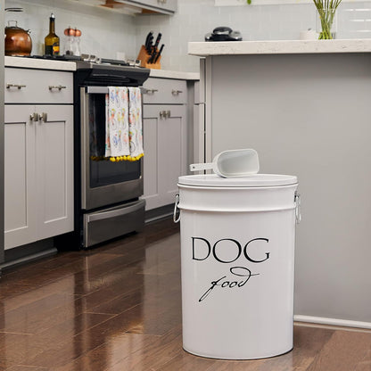 Harry Barker Bon Chien Dog Food Storage Canister – Large 11 gallon, Airtight Stainless Steel Pet Food Container, Stylish Kitchen Counter Dog Kibble Storage with Easy-Open Lid - White