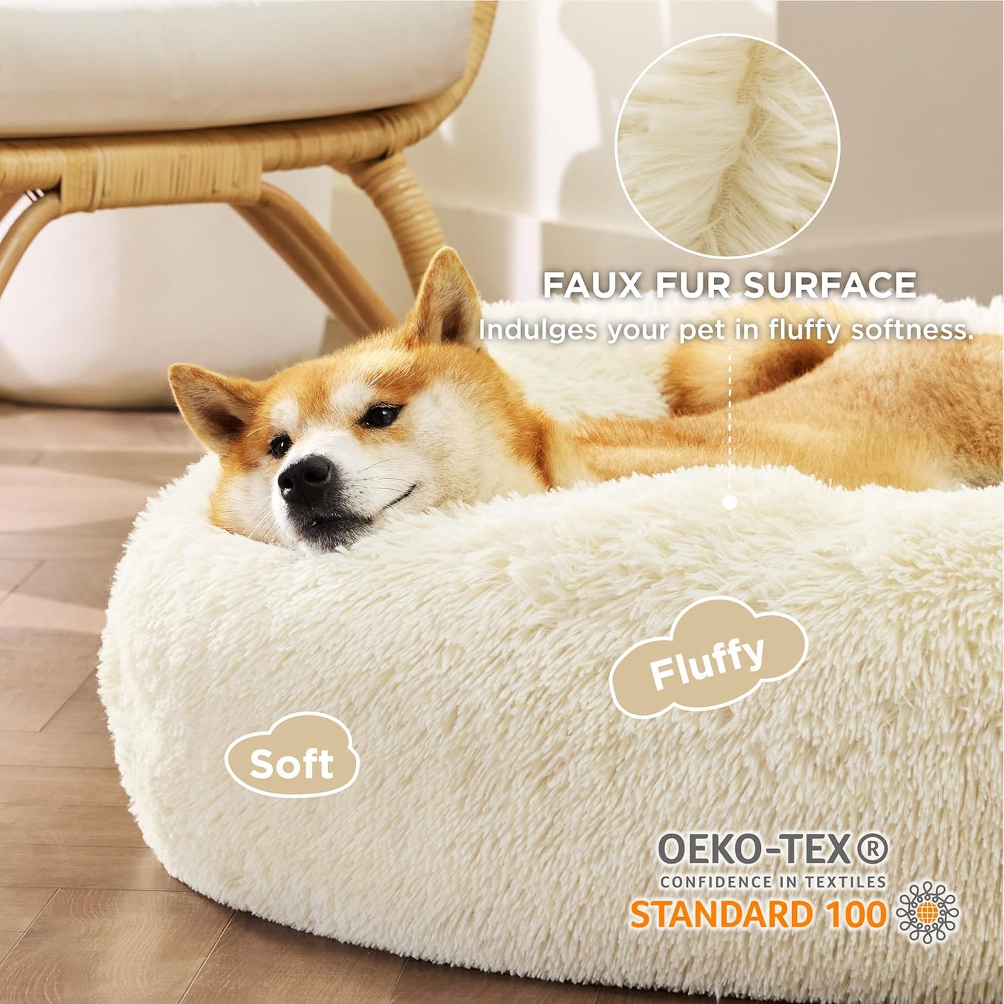 Bedsure Calming Dog Bed Medium Size Dog - Donut Washable Medium Pet Bed, 30 inches Anti-Slip Round Fluffy Plush Faux Fur Cat Bed, Fits up to 45 lbs Pets, Camel