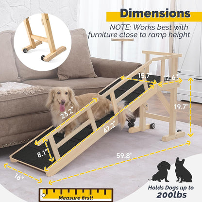 Dog Ramp for Bed or Couch, Wooden Pet Ramp with 20° Gentle Slope, Removable Side Rails, Non-Slip Surface, Top Platform & Wheels, Safe Bed Ramp for Small, Large & Senior Dogs, 60" Long, Mahogany