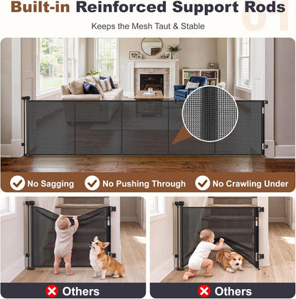 GRENFU Reinforced 120 Inch Wide Retractable Baby Gates, Long Dog Gate Retractable Gate with Support Rods to Prevent Crawling Through, 10 FT Extra Wide Retractable Dog Gate for Indoor/Outdoor, Black