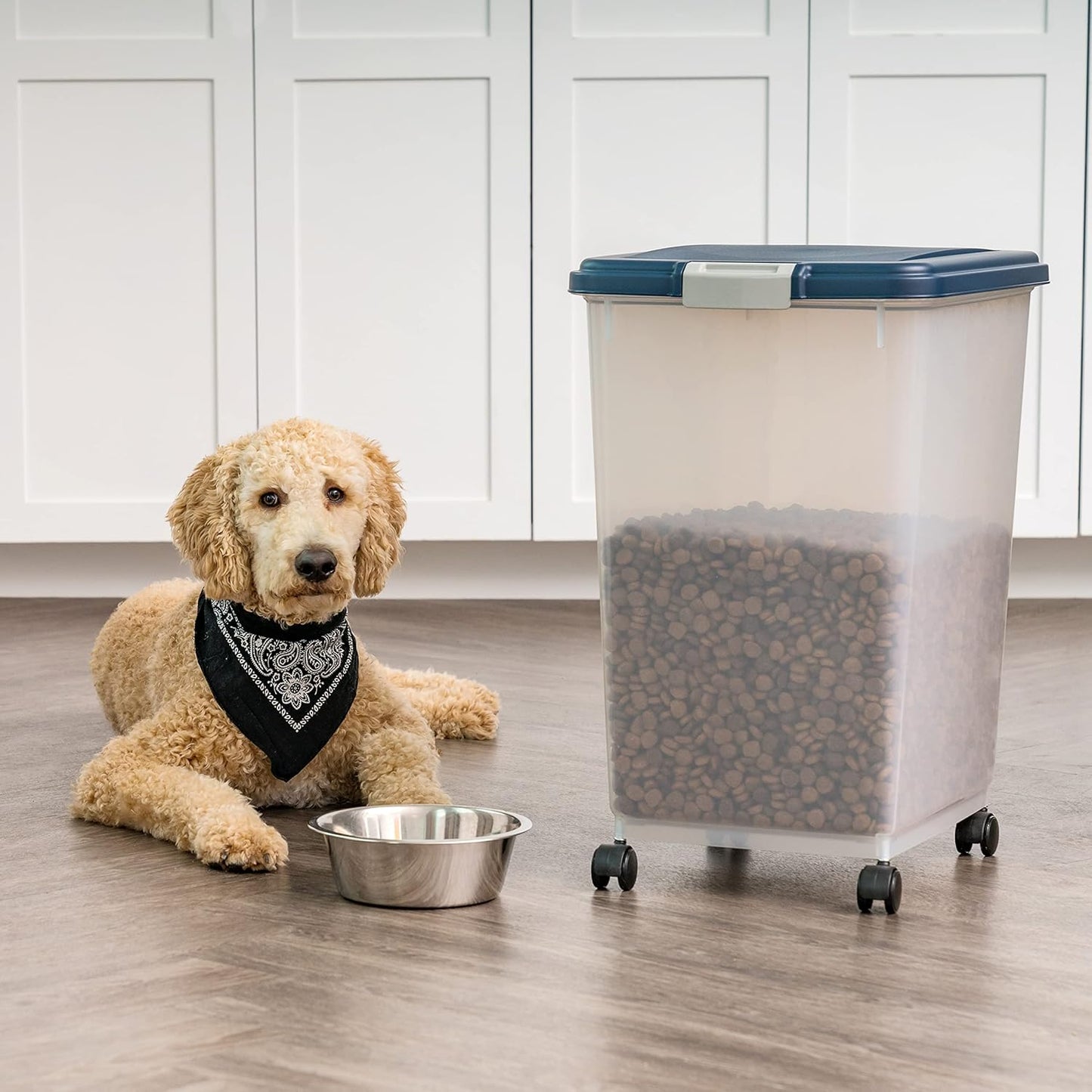 IRIS USA Airtight Dog Food Storage Container, Up to 30 lbs, Attachable Wheels, for Dog Cat Bird and other Pet Food Storage Bin, Keep Fresh, Easy Mobility, BPA Free, Black