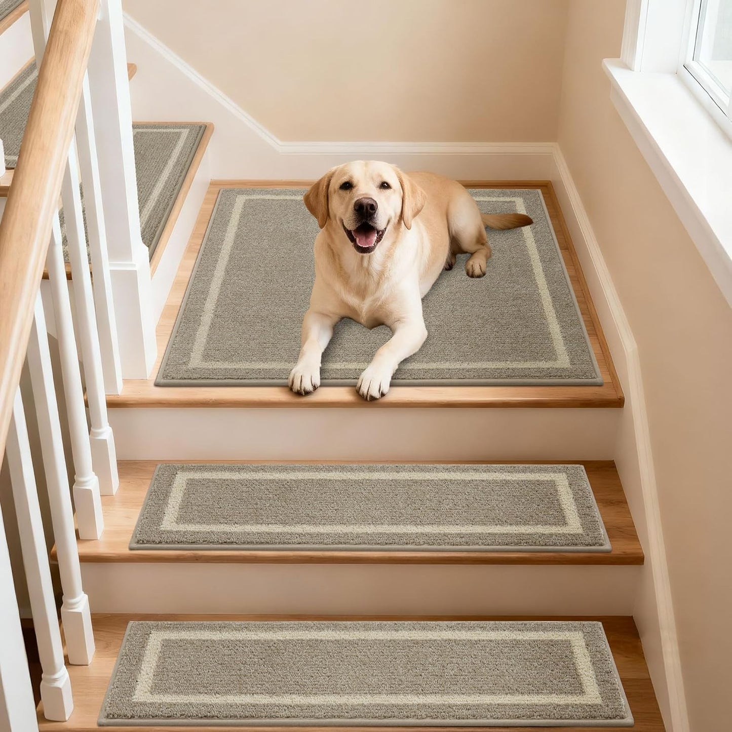 COSY HOMEER Soft Stair Treads Non-Slip Carpet Mat 28inX9in Indoor Stair Runners for Wooden Steps,Stair Rugs for Kids and Dogs, 100% Polyester TPE Backing 4pcs,Beige