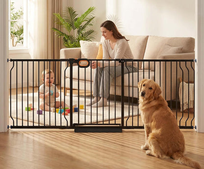 Baby Gates Extra Wide for Doorways 90.6-95.2 Inch Extra Wide Pressure Mounted Baby Dog Gate for the House Indoor Large Openning Metal Safety Gate No Drilling with Walk-Through Door,Black