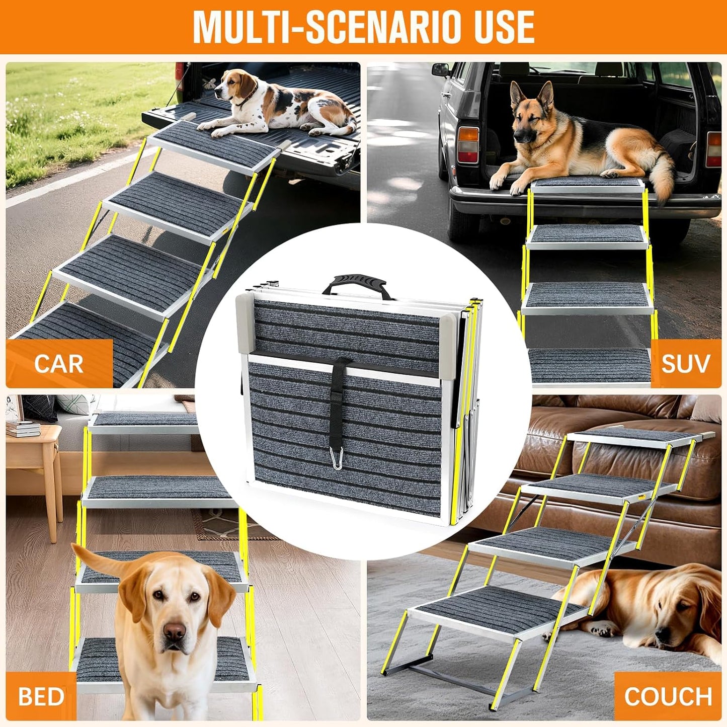 Dog Stairs for Large Dogs - 20" Extra Wide 4-Step Foldable Dog Ramp for Car/SUV/Truck & High Beds - Supports Large Dogs up to 200Lbs