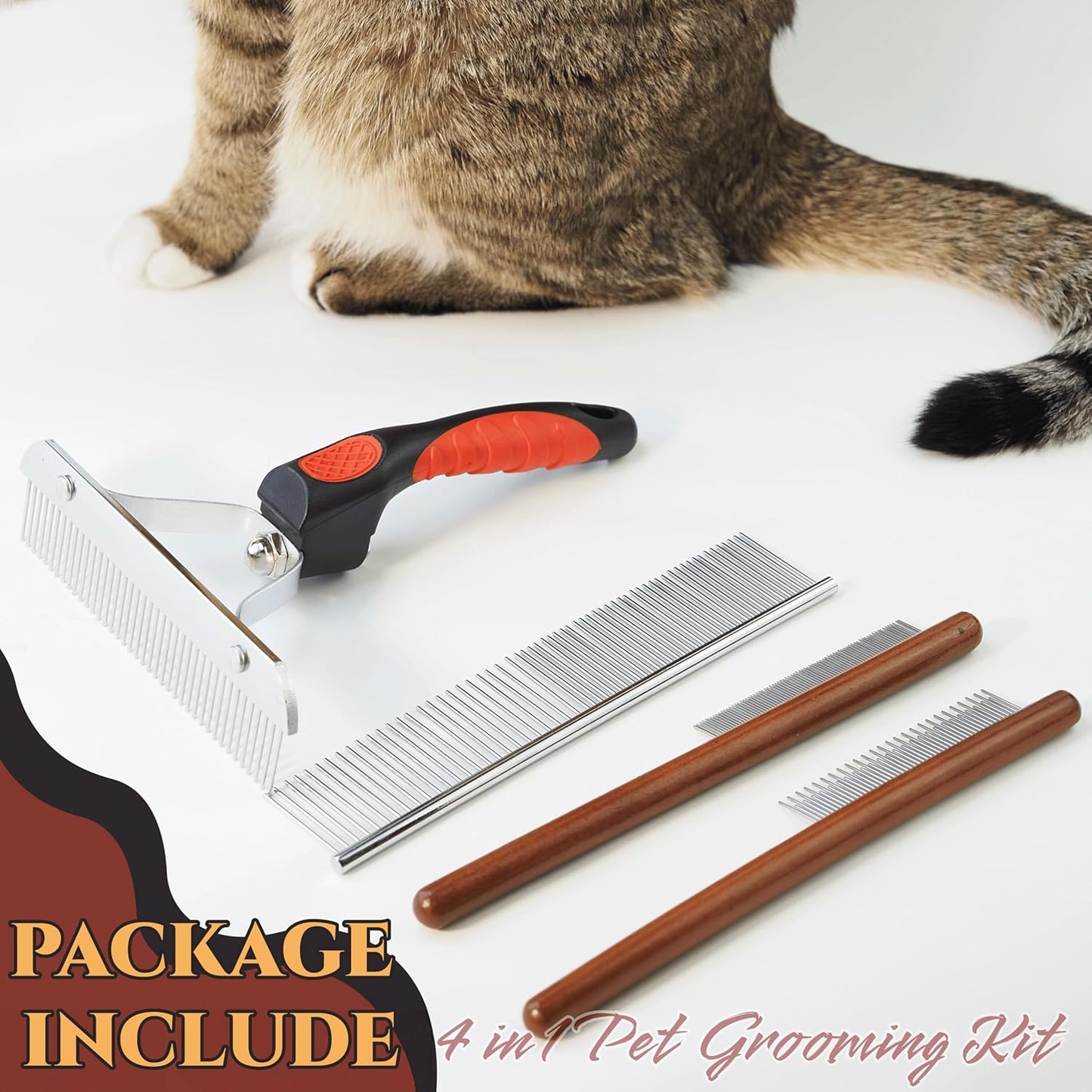 Rake Brush for Dogs, 4-Pack Long-Tooth Undercoat Brush Set, Grooming Rake & Steel Shedding Comb & Double-Sided Teech Comb & for Double Coat German Shepherds Horses