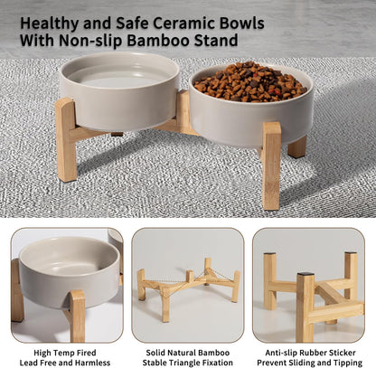 Elevated Ceramic Dog Bowl Set - Raised Dog Bowls with Non-Slip Bamboo Stand - Dog Food and Water Bowl Set - Double Dog Feeding Bowls - Suitable for Small and Medium Dogs - 28.74 OZ - 3.6 CUPS - 850 ML
