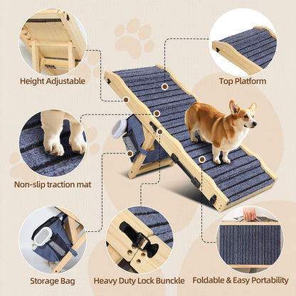 2026 Upgraded Dog Ramp for Couch & Low Bed, 33" L Folding Wood Pet Ramp 200LB Capacity, 4-Level Adjustable Height 11"-20", Non-Slip Sturdy Puppy Ramp for Small & Senior Dogs, Joint Relief, Wavy Design