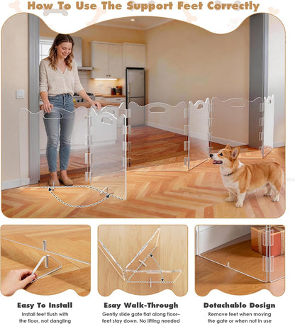 Extra-Wide Clear Acrylic Freestanding Dog Gate with Upgraded Hinges & Stable Support Feet, 6 Panel - 120''W x 24''H for Doorways, Stairs and Open Spaces, Foldable Pet Barrier for Small Puppy Cats