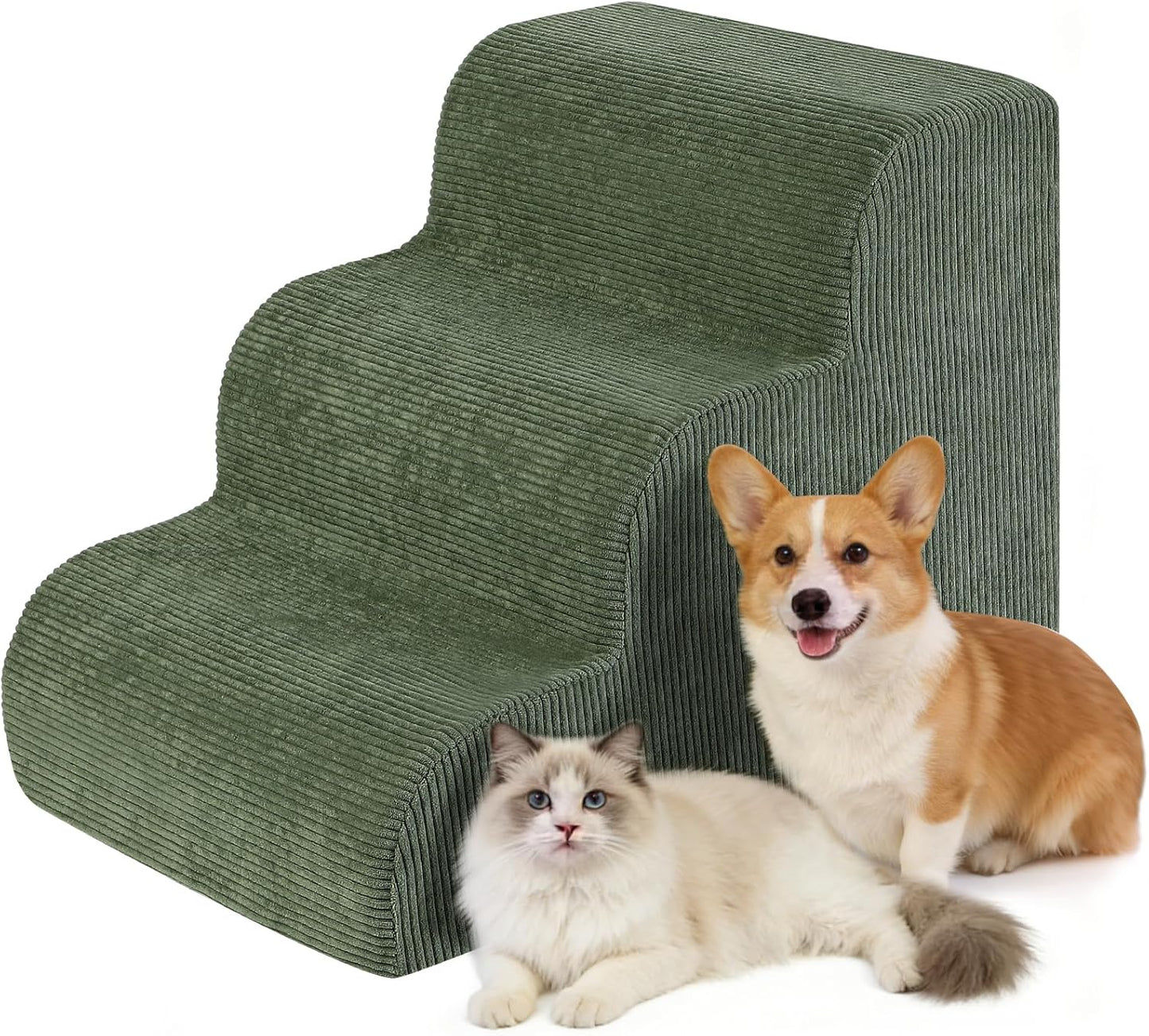 Dog Stairs for Bed 15" H, 3-Step Dog Ramp for Aged and Injured Dogs, Up to 50 Lbs Foam Pet Stairs for Small Dogs and Cats to Get on Couch or Chair, Non-Slip, Steady, Washable Cover, Green
