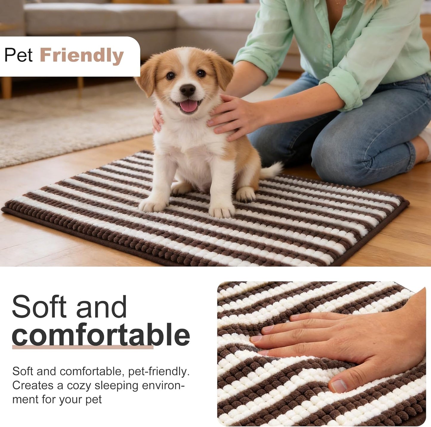 pobopobo Dog Door Mat for Muddy Paws - Absorbent & Washable Chenille Rug, Non-Slip Dirt Trapper for Indoor Outdoor Entryway, Quick Dry Pet Mat for Muddy Dogs (Striped Gray-Blue&White, 24" x 16")